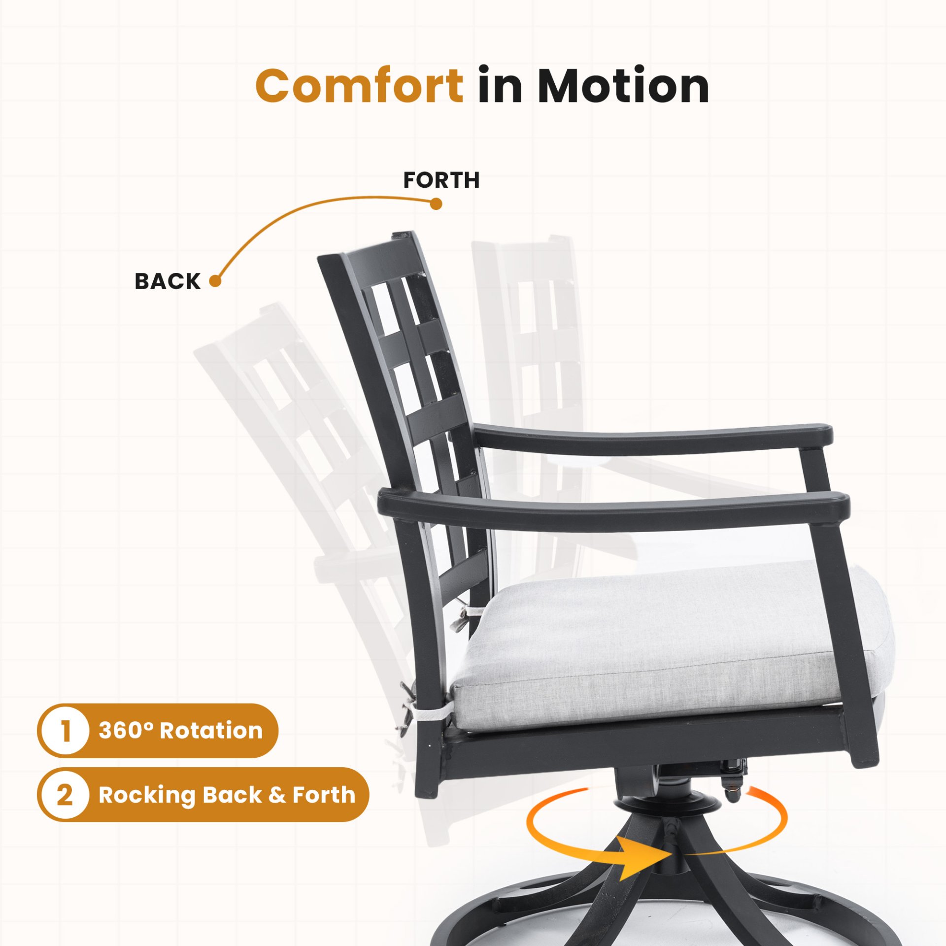 5 Pieces Outdoor Patio Dining Set, Rectangular Table & 4 Swivel Rock Dining Chairs With Sunbrella Cushion - Ember Black - Image 10