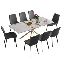 Expandable Dining Table With Retractable Leaf, 4 - 8 Person Set With 8 Chairs - White