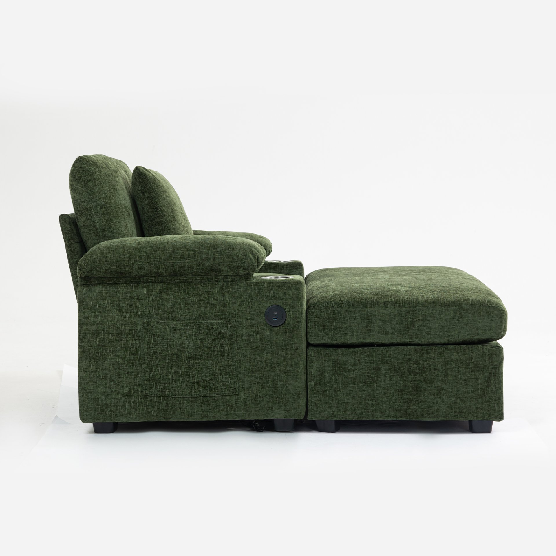 Modern Oversized Chair With Ottoman, Chenille Fabric Sofa Bed, Accent Chair Comfy Sofa With Cupholders And USB Charging Ports Chair For Living Room - Green - Image 11
