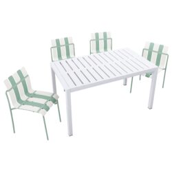 4 Piece Set Of Color Block Designed Single Chairs With Table - Cream White / Haze Green / White