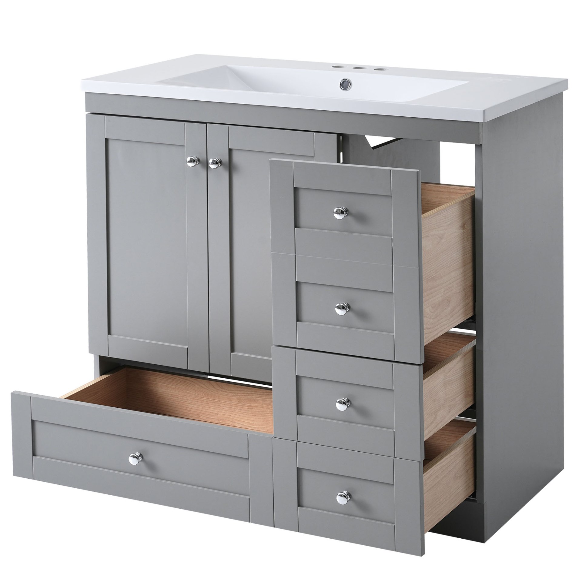 Shaker Style Free Standing Bathroom Vanity Cabinet With Sink, 4 Soft Close Drawers And 2 Soft Close Doors - Gray - Image 14