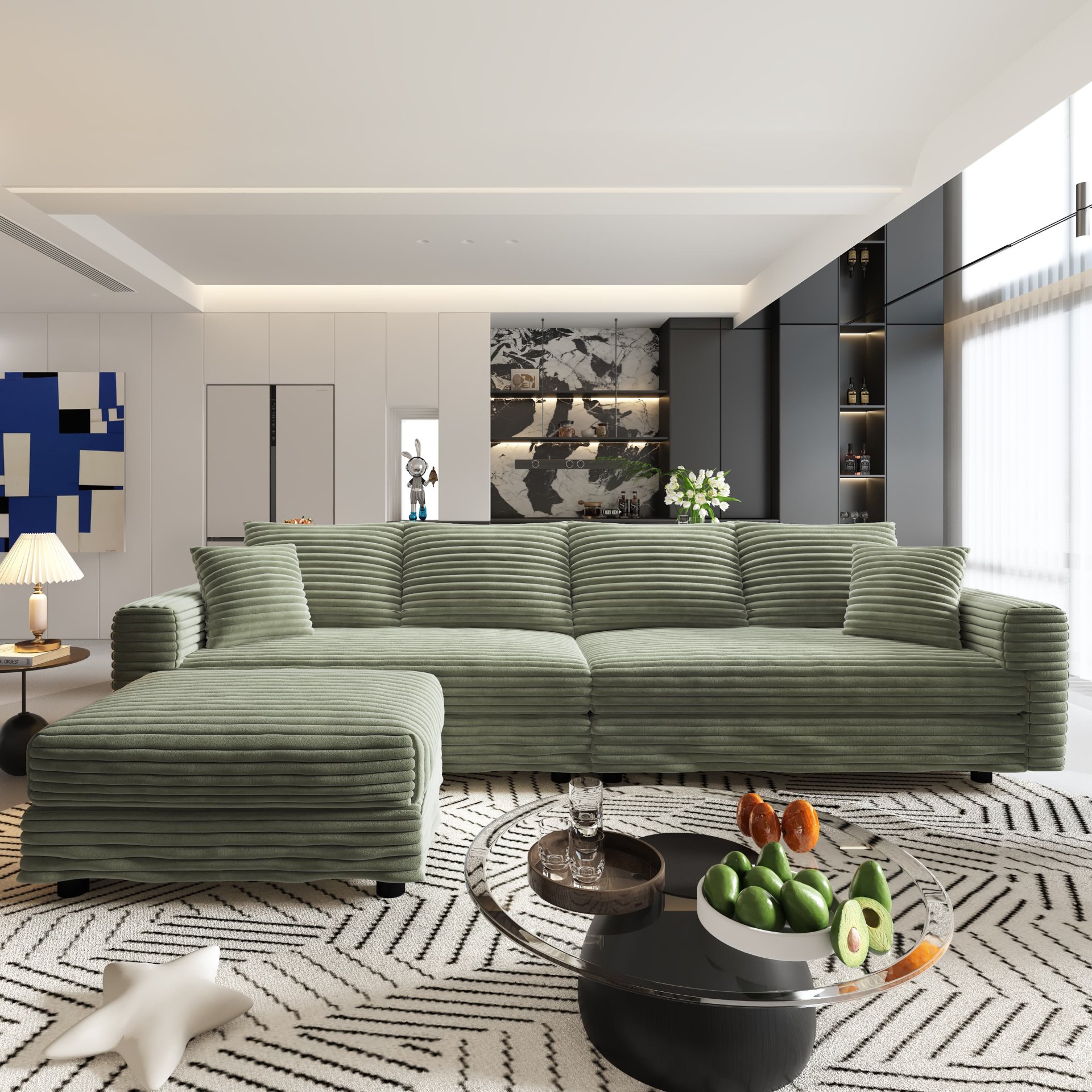 4 Seat Sofa, Deep Seat Couches With Soft Pillows And Movable Ottoman, Convertible Sofa Lounge Chair, For Living Room - Green - Image 4