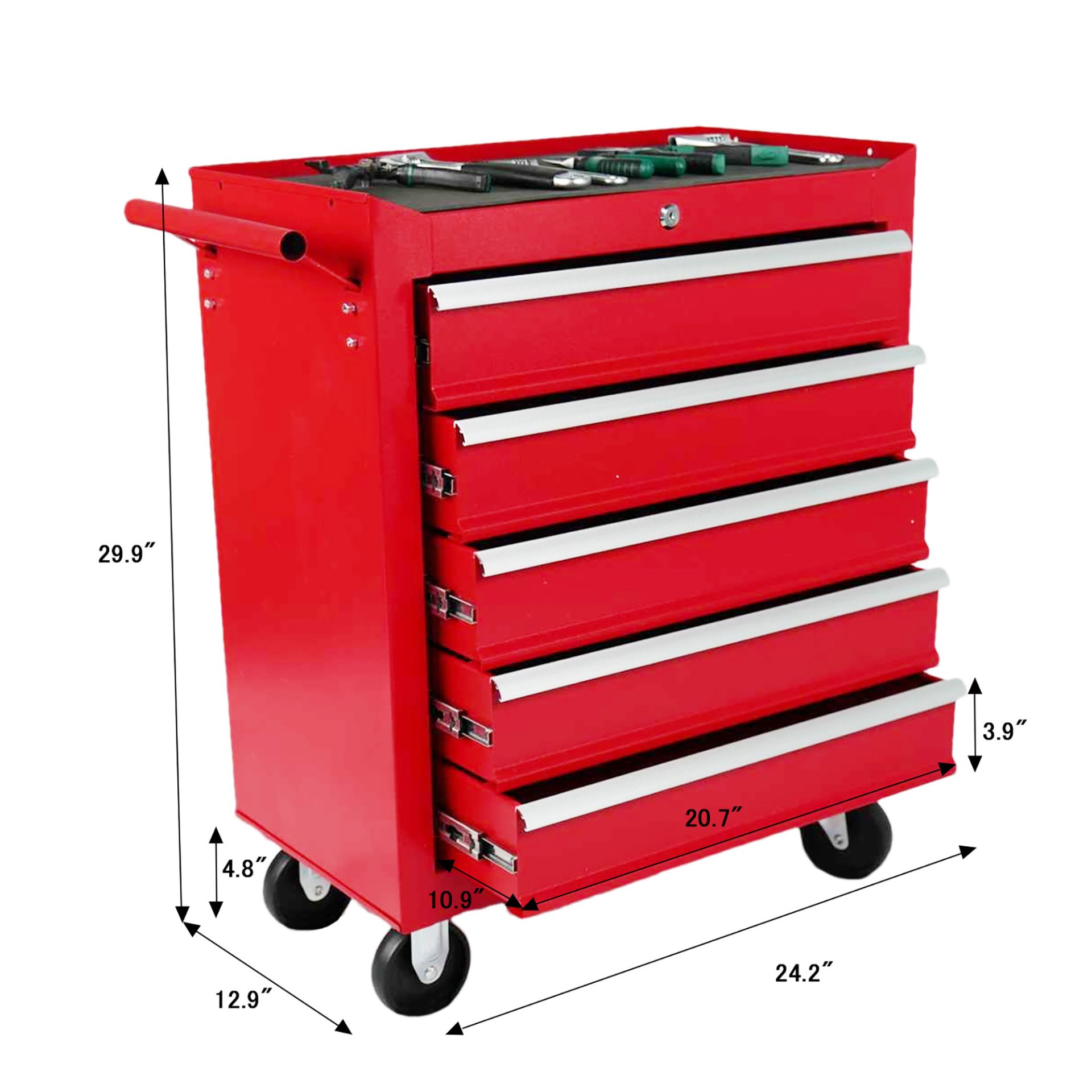 5 Drawer Metal Rolling Tool Chest With Locking System And Wheels - Red - Image 3
