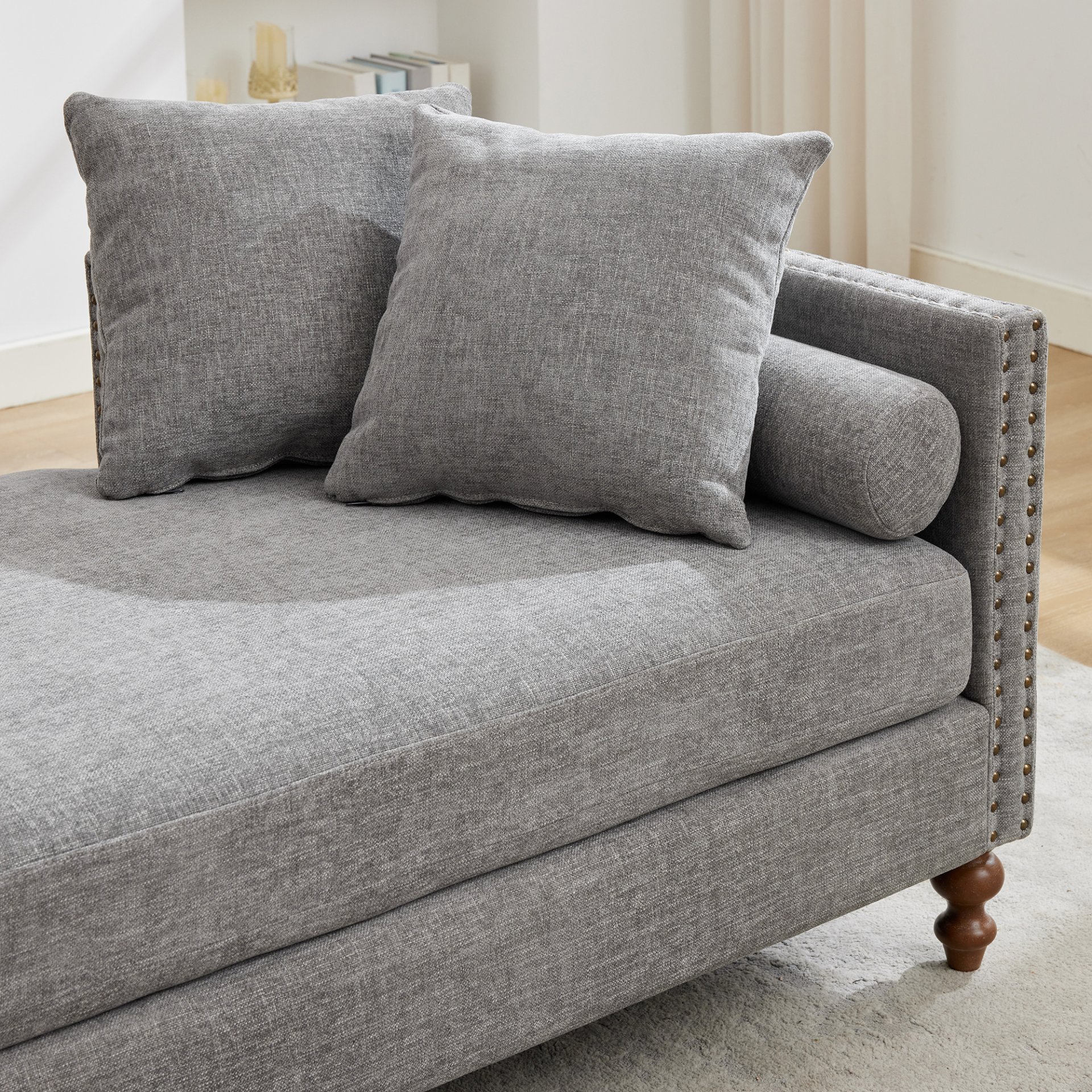Chenille Upholstered Chaise Lounge With Nailheads And Rubberwood Legs, Wide Sleeper Sofa With 4 Throw Pillows & 2 Bolsters - Gray - Image 15