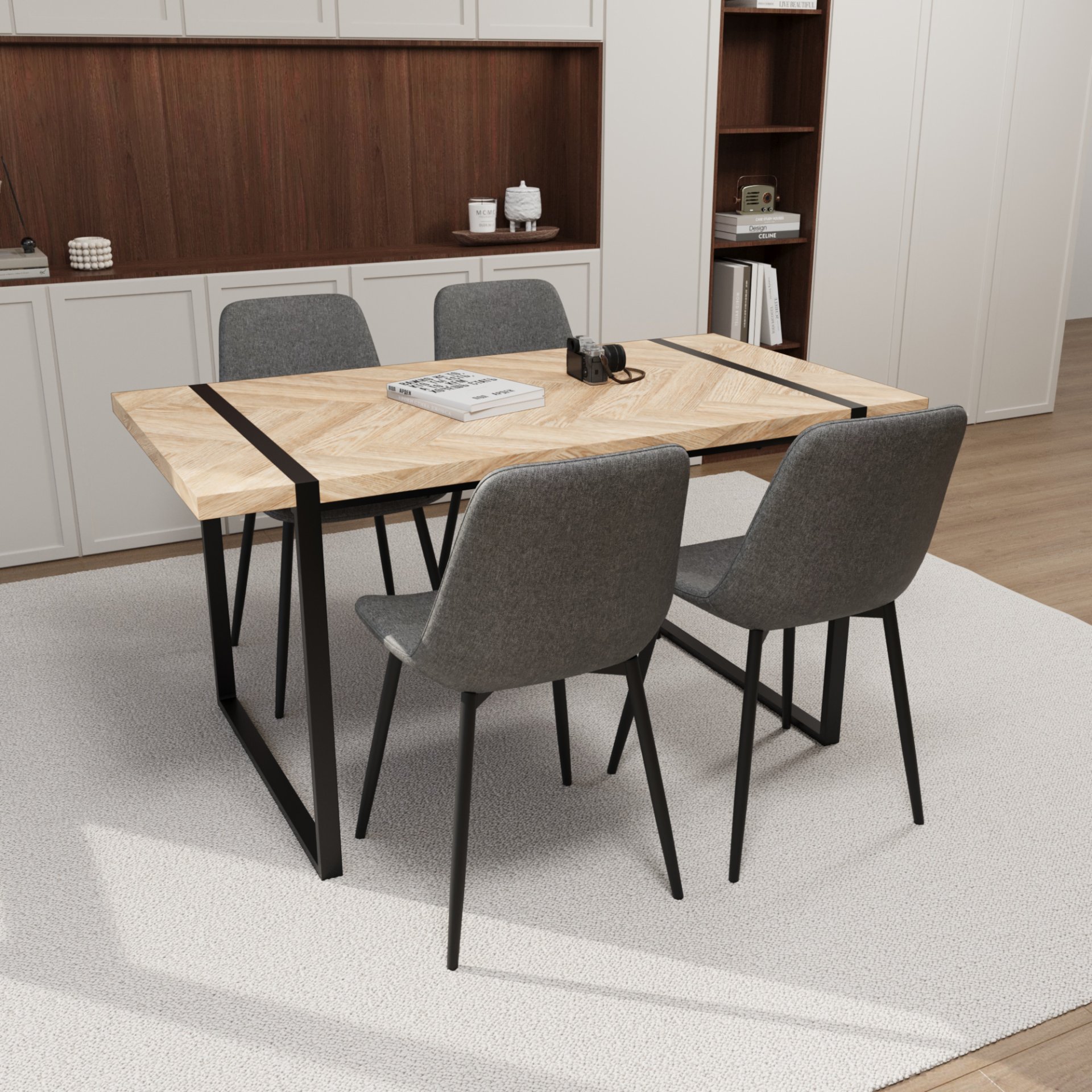 Modern Dining Table Set With Suede Chairs, Rectangular Metal Base, 4 Piece - Gray / Brown - Image 6