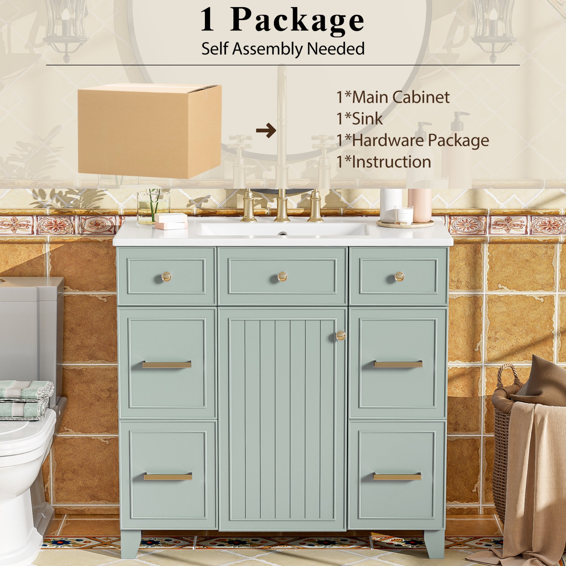 36" Bathroom Vanity With Sink, Soft Close Doors, Adjustable Shelves, And Hairdryer Storage - Green - Image 11