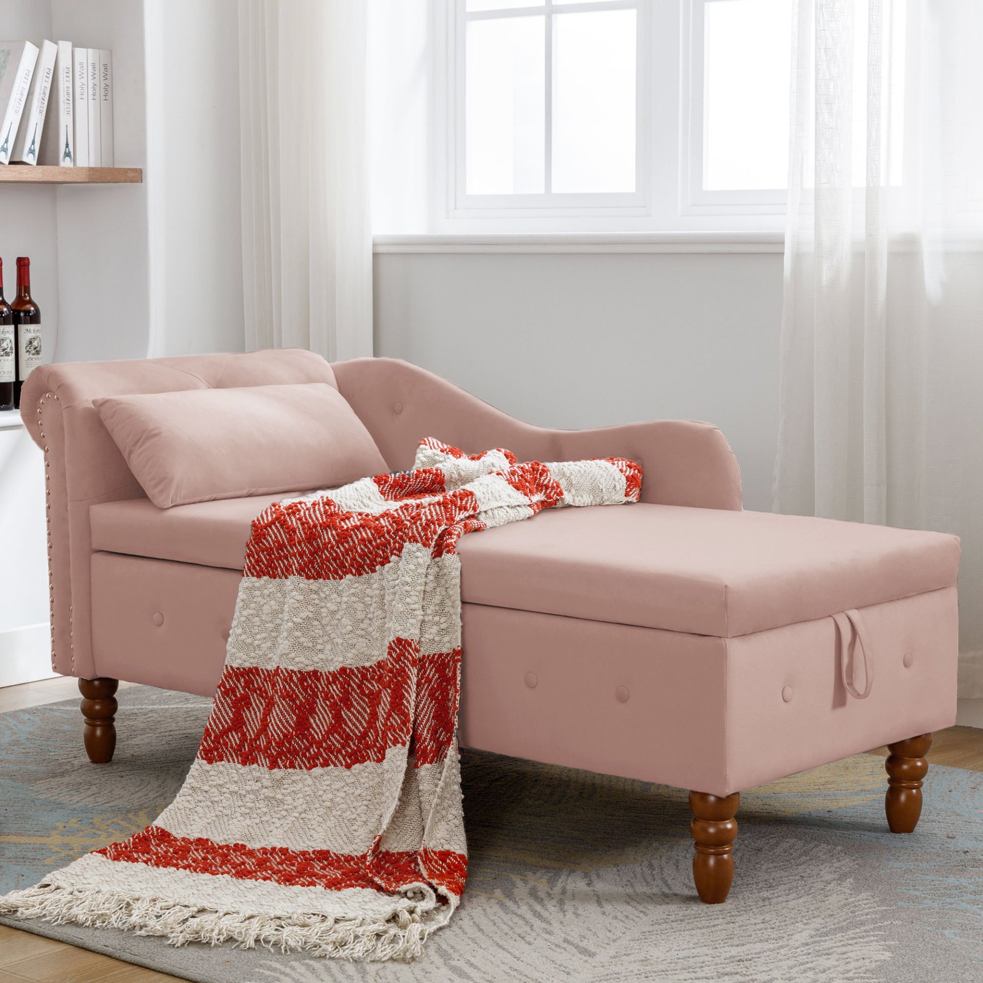 Chaise Lounge Indoor, Velvet Lounge Chair For Bedroom With Storage & Pillow, Modern Upholstered Rolled Arm Chase Lounge For Sleeping With Nailhead Trim For Living Room Bedroom Office - Pink - Image 4