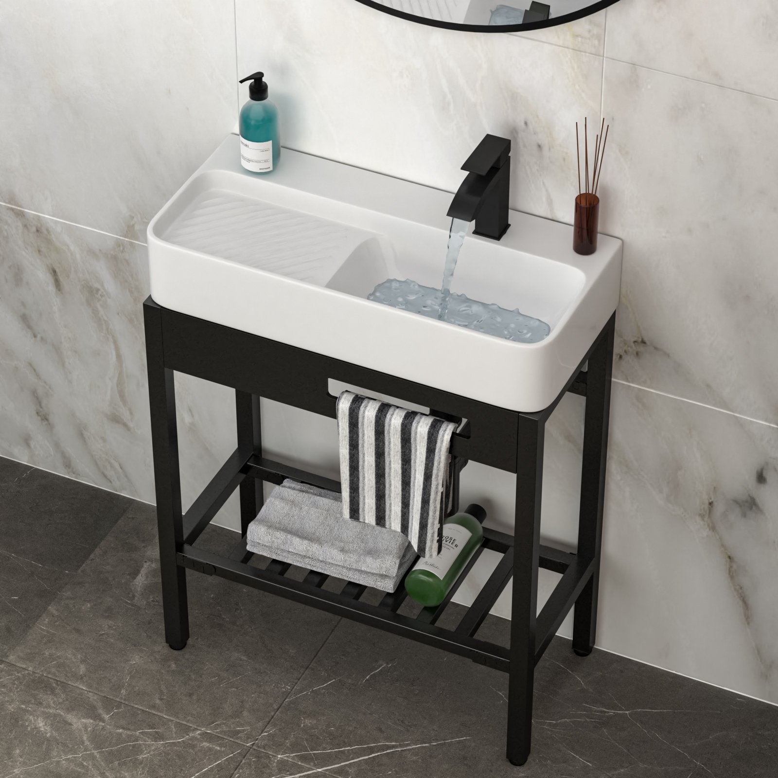 Inspired Console Sink With Built In Washboard, Overflow & Sleek Legs, 28" X 12" - White / Black - Image 2