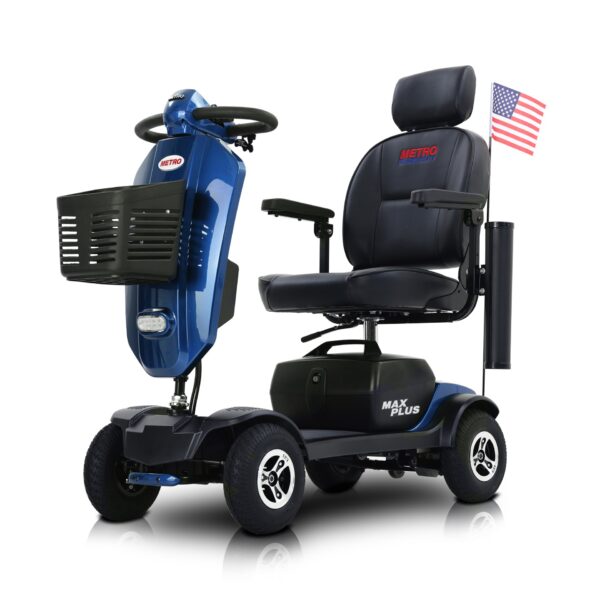 Max Plus - 4 Wheels Outdoor Compact Mobility Scooter With 2 Pieces X 20Ah Lead Acid Battery, Max Driving Range 16 Miles With Cup Holders & USB Charger Port - Blue