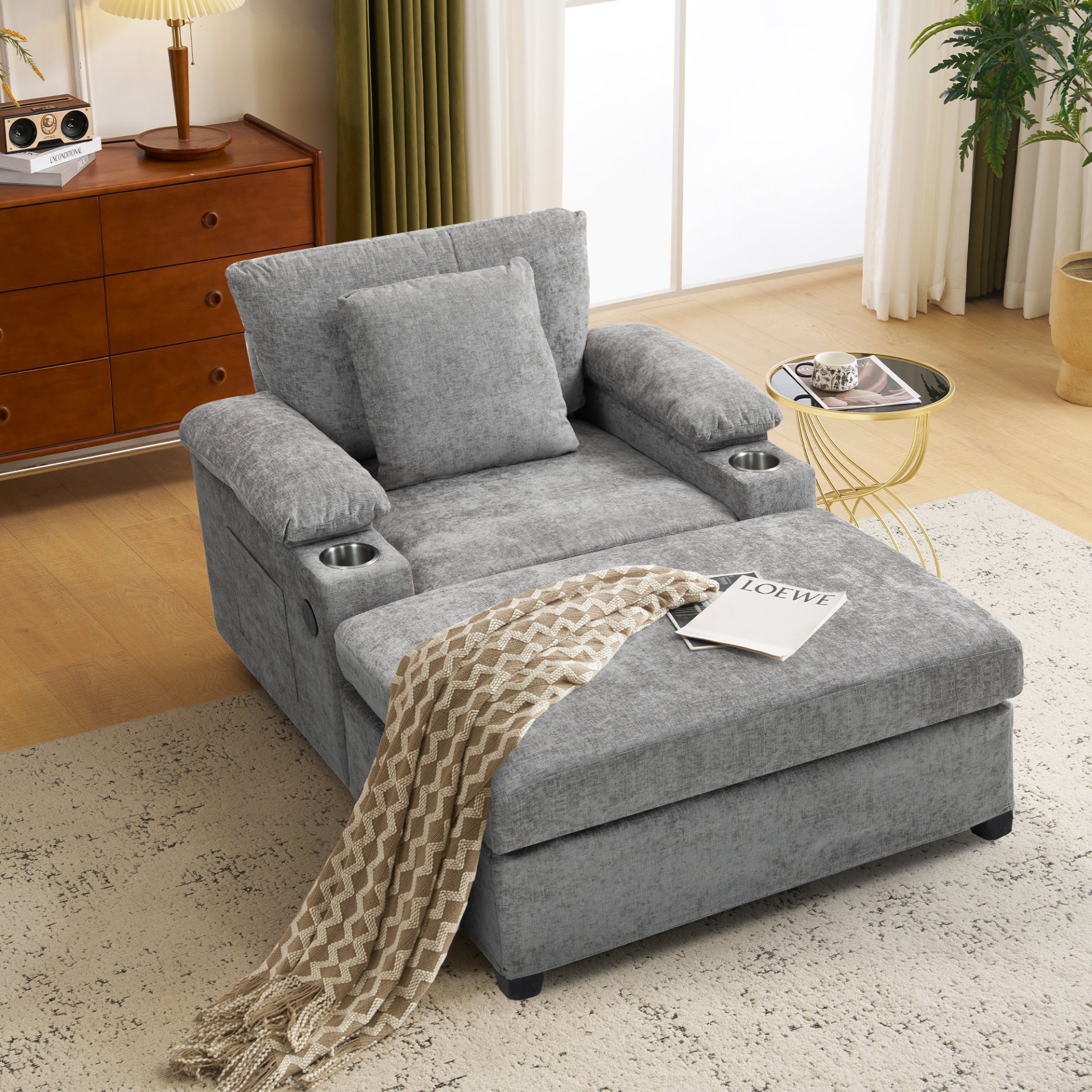 Modern Oversized Chair With Ottoman, Chenille Fabric Sofa Bed, Accent Chair Comfy Sofa With Cupholders And USB Charging Ports Chair For Living Room - Gray - Image 4