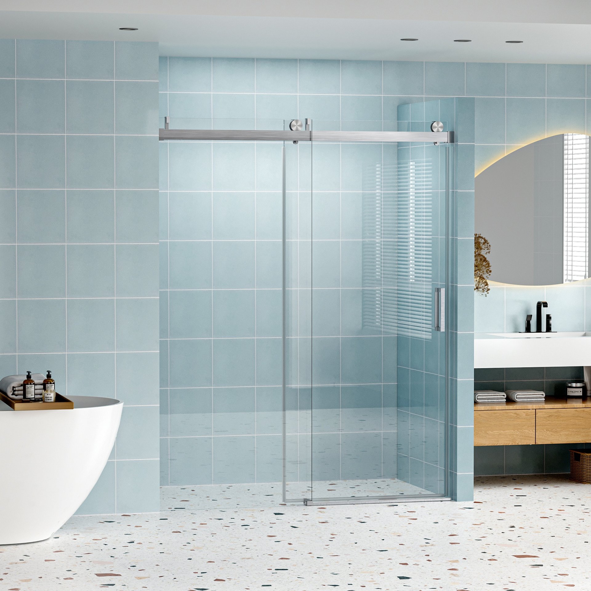 Frameless Soft Closing Shower Door, 1 / 4" (6Mm) Tempered Glass Single Sliding With Explosion Proof Coating - Brushed Nickel - Image 9