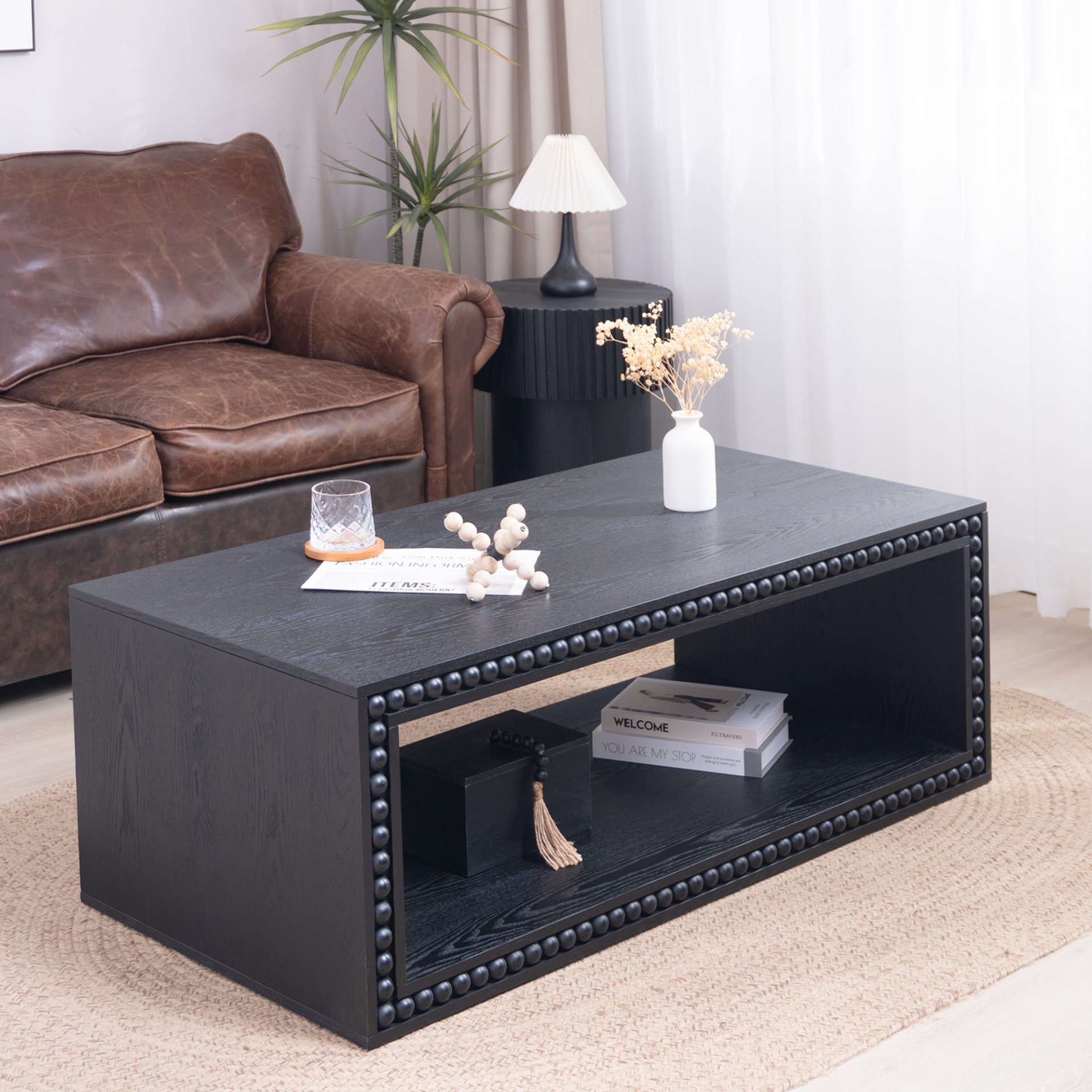 Beaded Edge Coffee Table, Rectangular Center Table With Open Storage Shelf - Black - Image 2