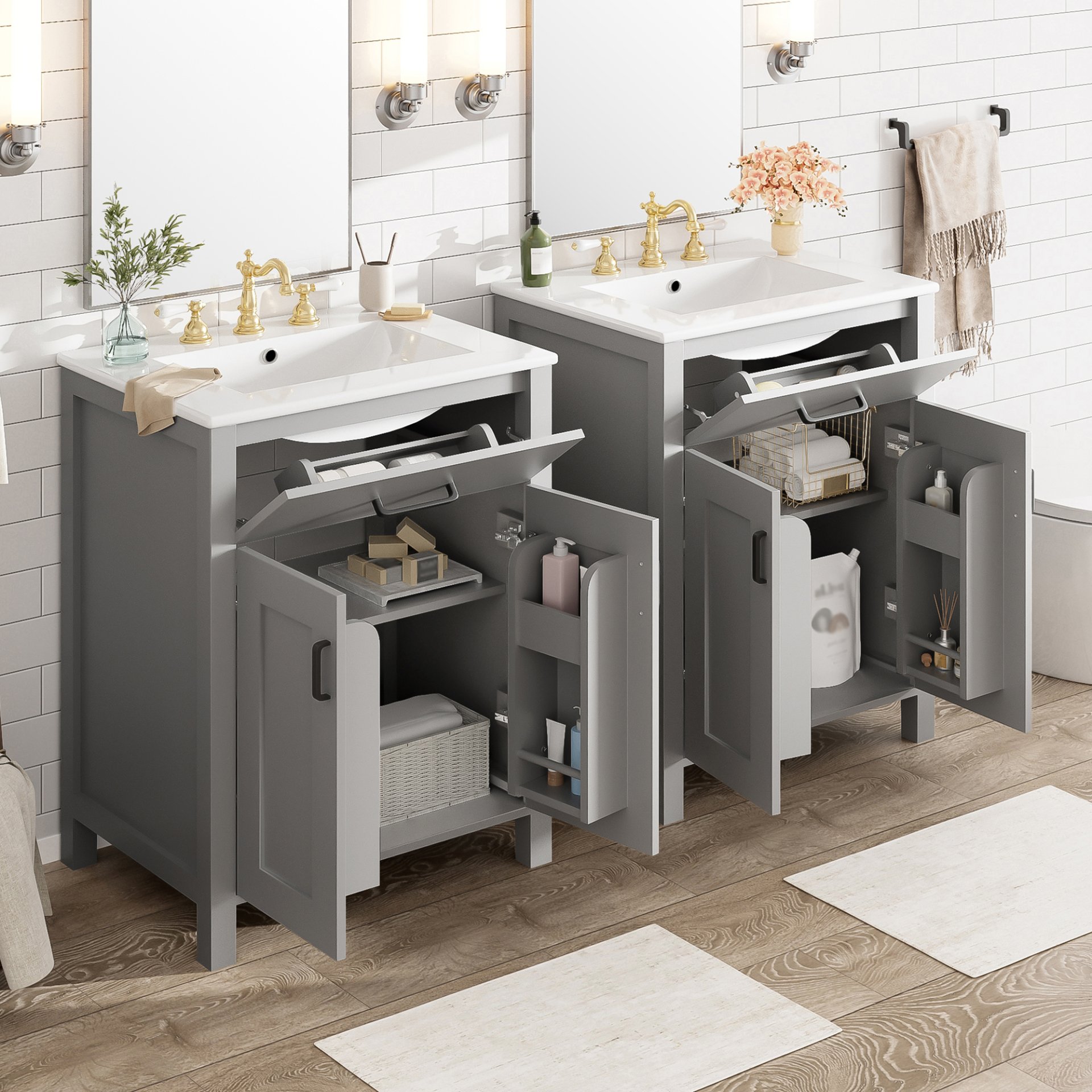 Bathroom Vanity With Sink, Soft Close Doors, Flip Drawer, Double Layer Door Shelves - Grey - Image 5