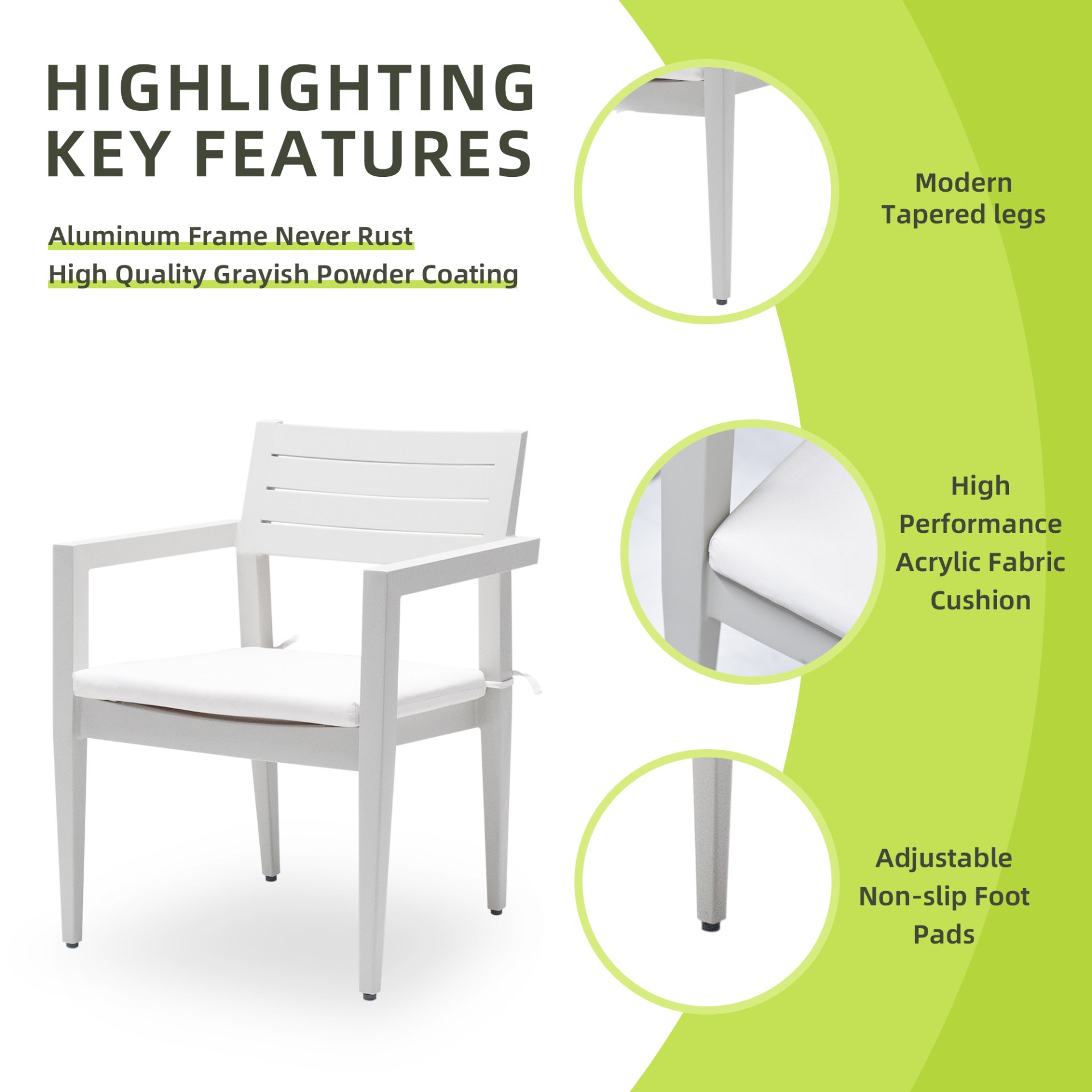 Outdoor Patio Stationary Dining Chairs With Outdoo Grade Sunbrella Fabric Cushions, Tapered Feet (Set of 4) - Grayish - Image 2