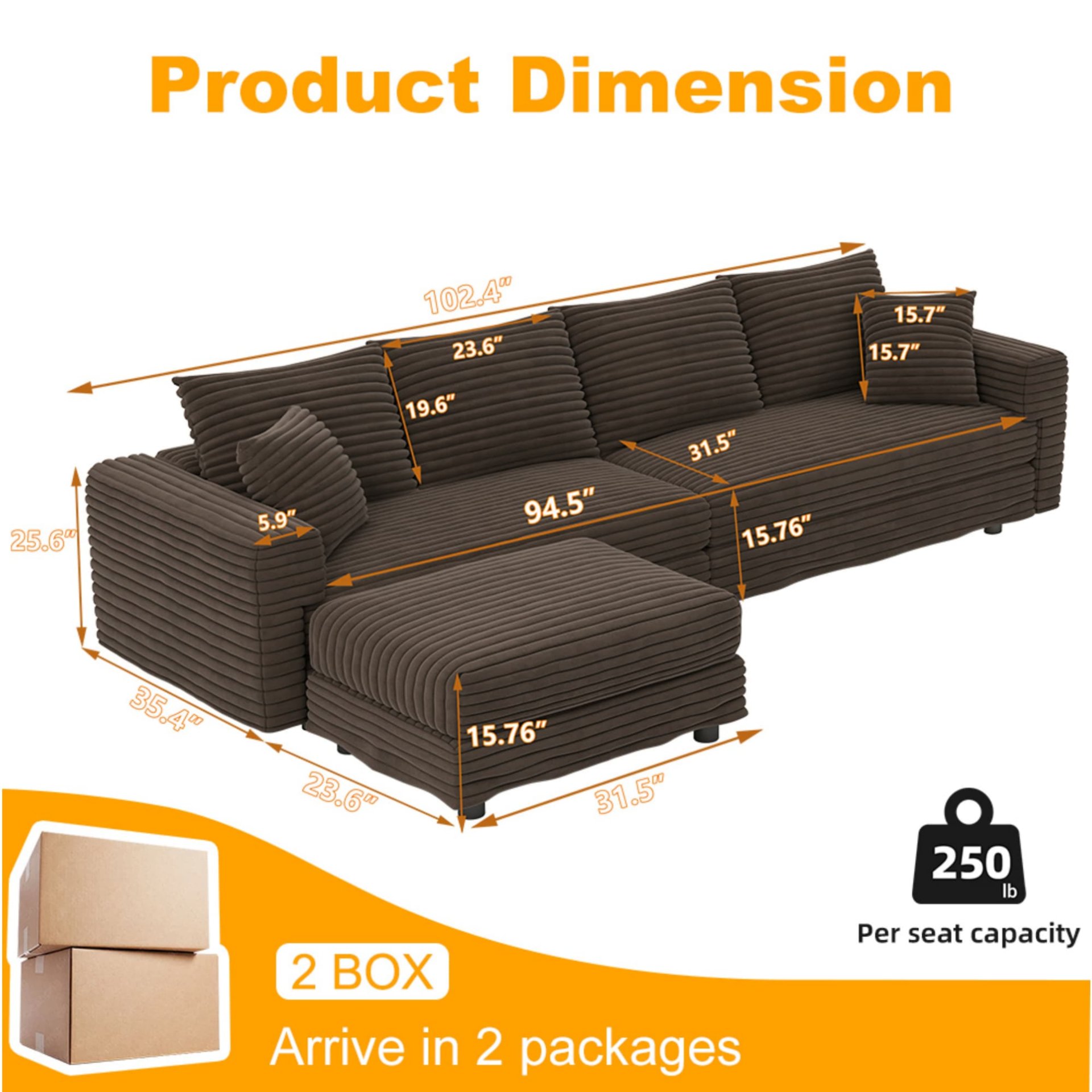 4 Seat Sofa, Deep Seat Couches With Soft Pillows And Movable Ottoman, Convertible Sofa Lounge Chair, For Living Room - Camel - Image 3