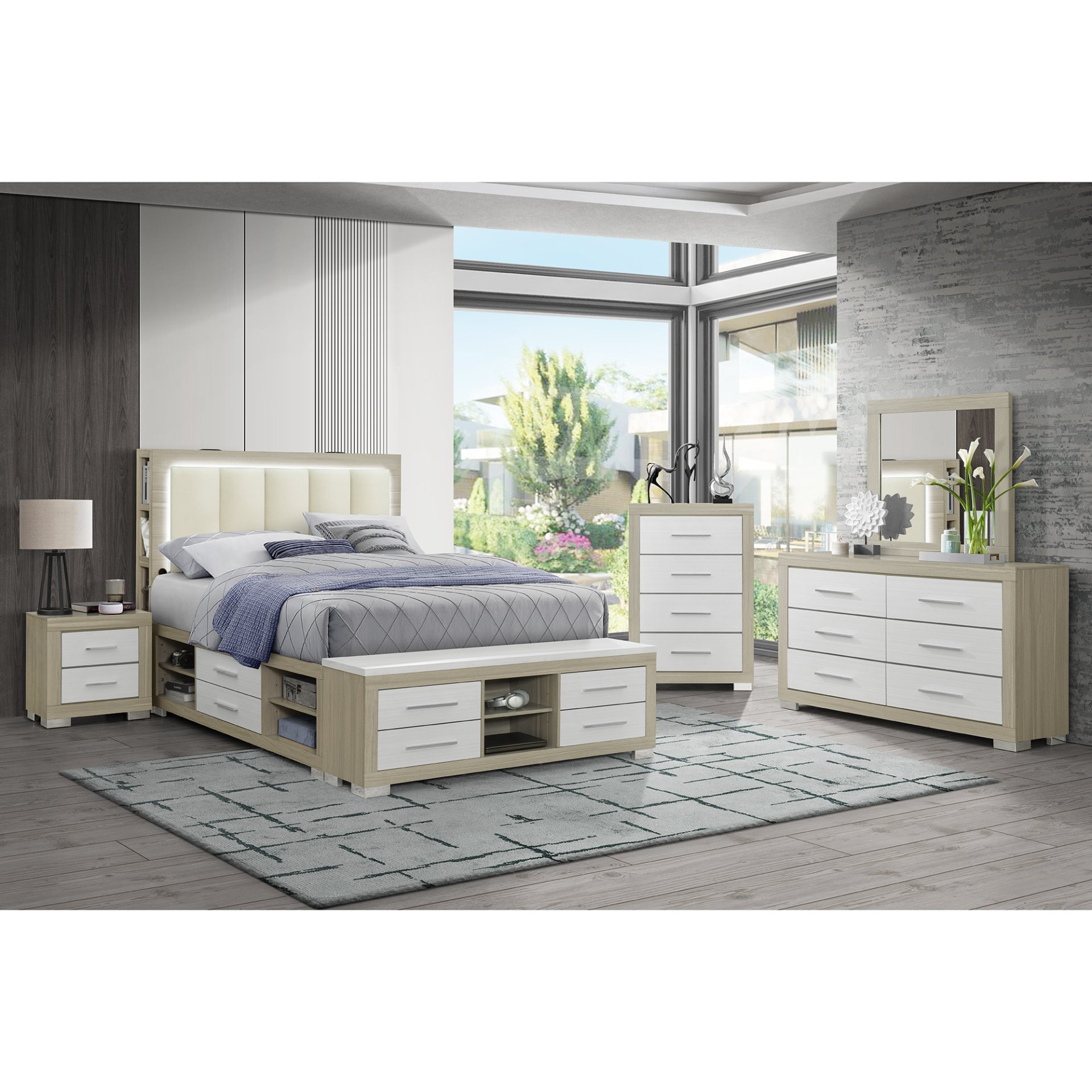 Messa - 5 Piece Queen Bedroom Set With Storage And LED - Natural / White - Image 3