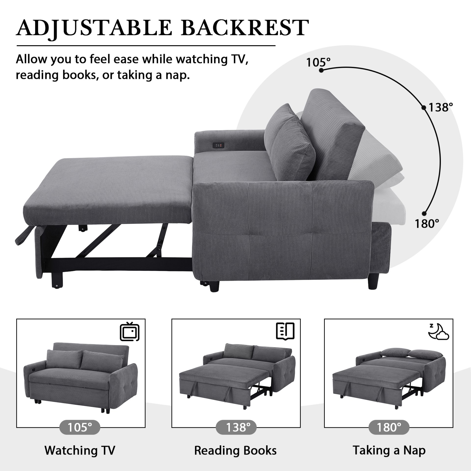 Pull Out Sofa Bed Convertible Couch 2 Seat Loveseat Sofa Modern Sleeper Sofa With 2 Throw Pillows And USB Ports For Living Room - Dark Gray - Image 4