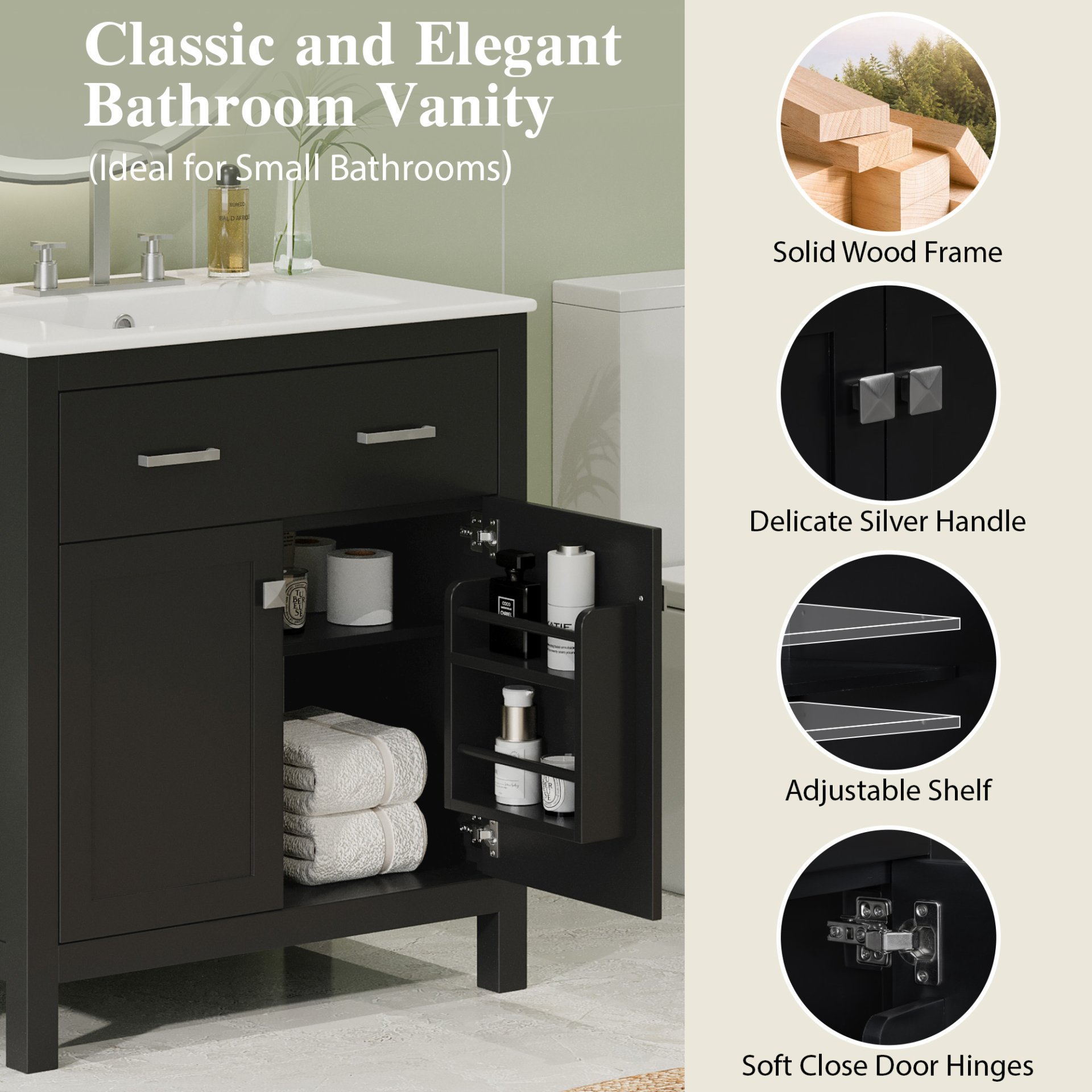 30" Bathroom Vanity With Sink And Soft Close Doors - Black - Image 5