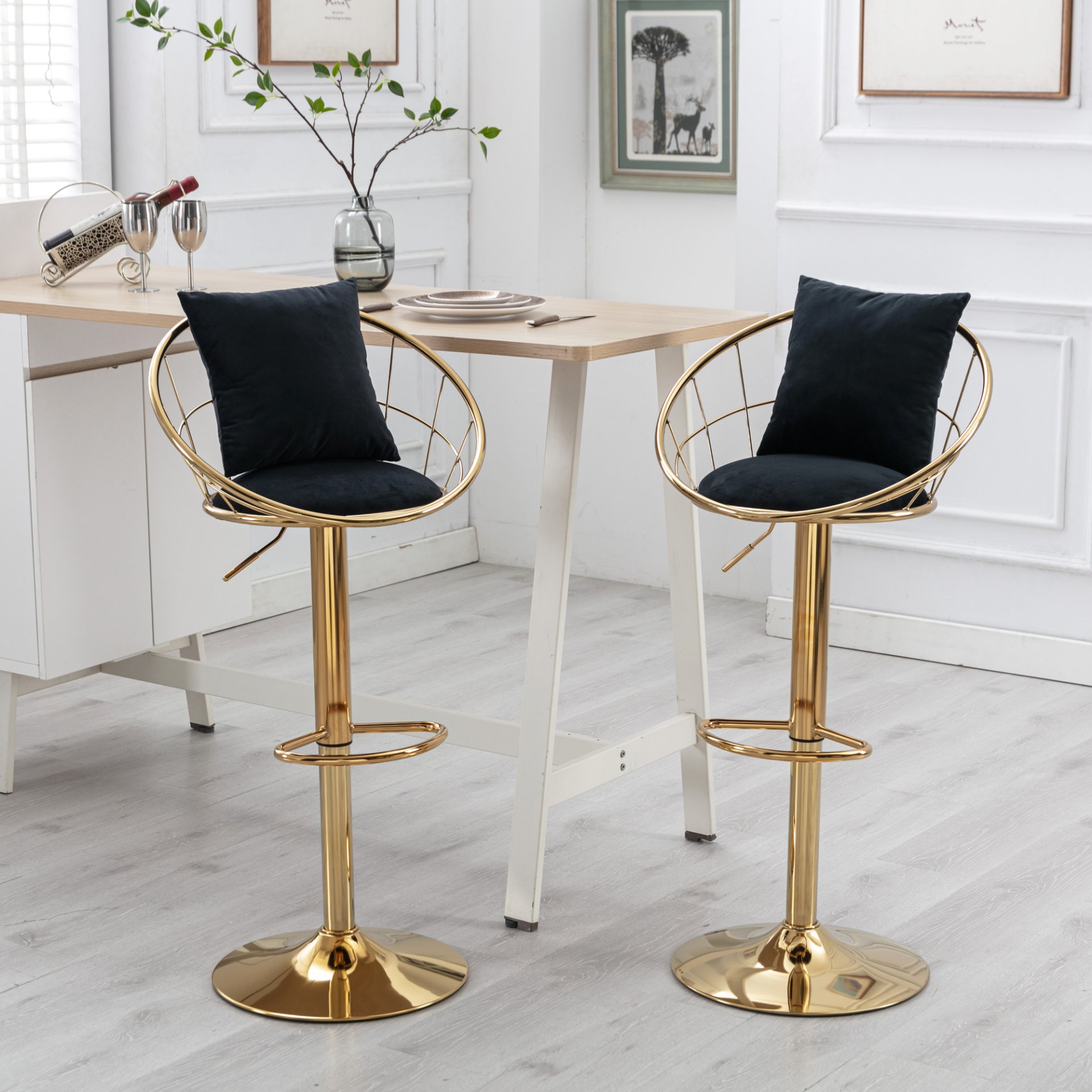Velvet Bar Chair, Pure Gold Plated, Unique Design, 360 Degree Rotation, Adjustable Height, Suitable For Dining Room And Bar, (Set of 2) - Black - Image 6