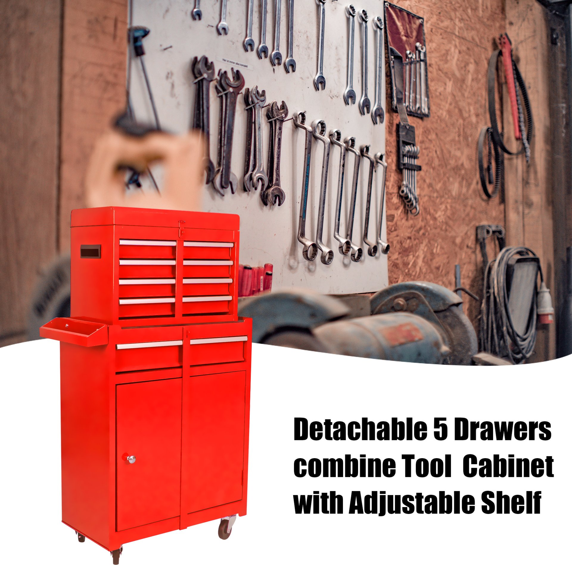 Rolling Tool Chest, 5 Drawer Tool Box Organizer With Lockable Wheels & Sliding Drawers & Detachable Top & Adjustable Shelf, Tool Storage Cabinet For Garage Workshop - Red - Image 15