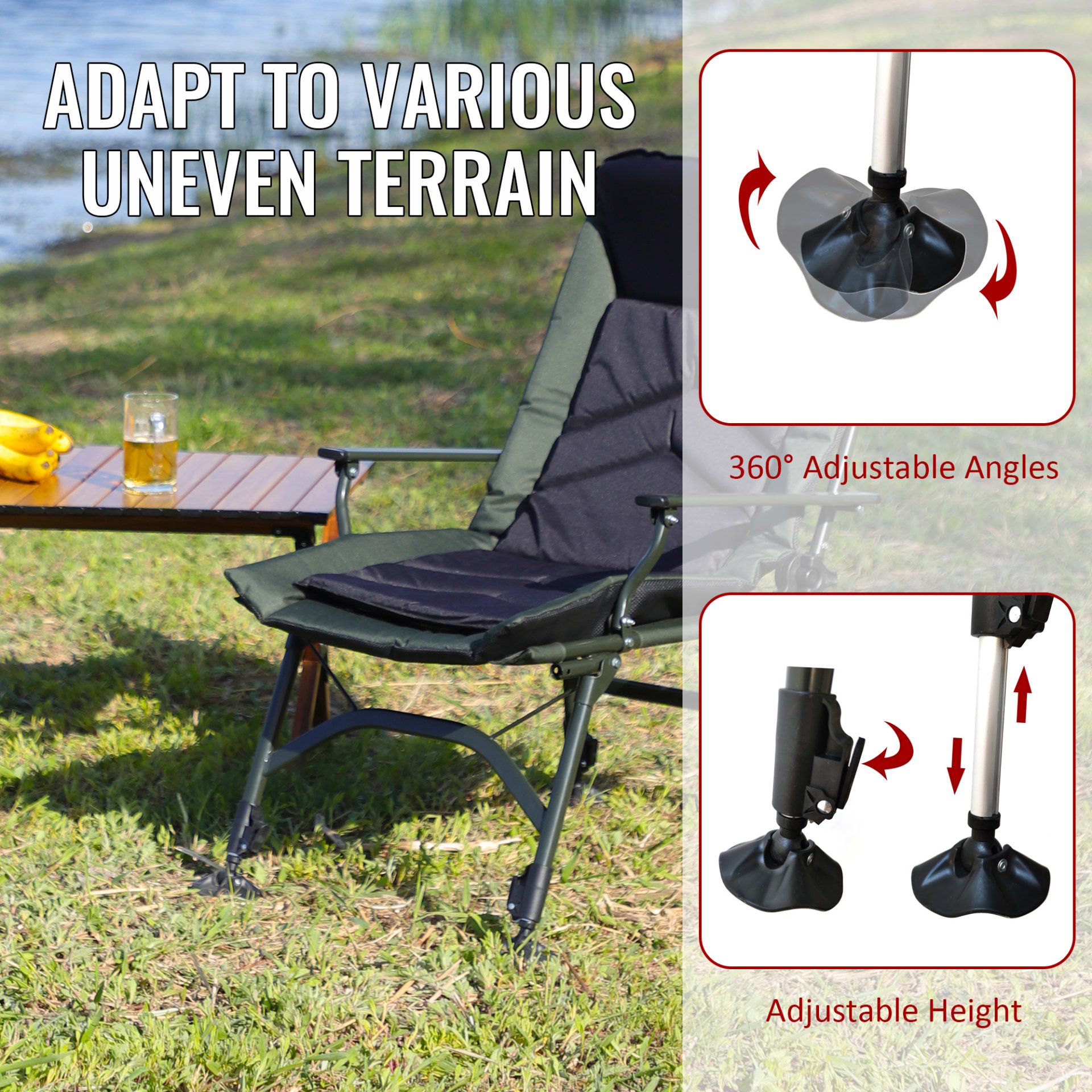 Camping Lounge Chair, Portable Folding Reclining Camping With Adjustable Backrest For Indoor And Outdoor Camping Beach Hiking Fishing - Green / Black - Image 10