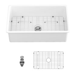 Elegant Ceramic 32" Undermount Single Bowl Kitchen Sink Dual Mount Deep Rectangular Basin - White