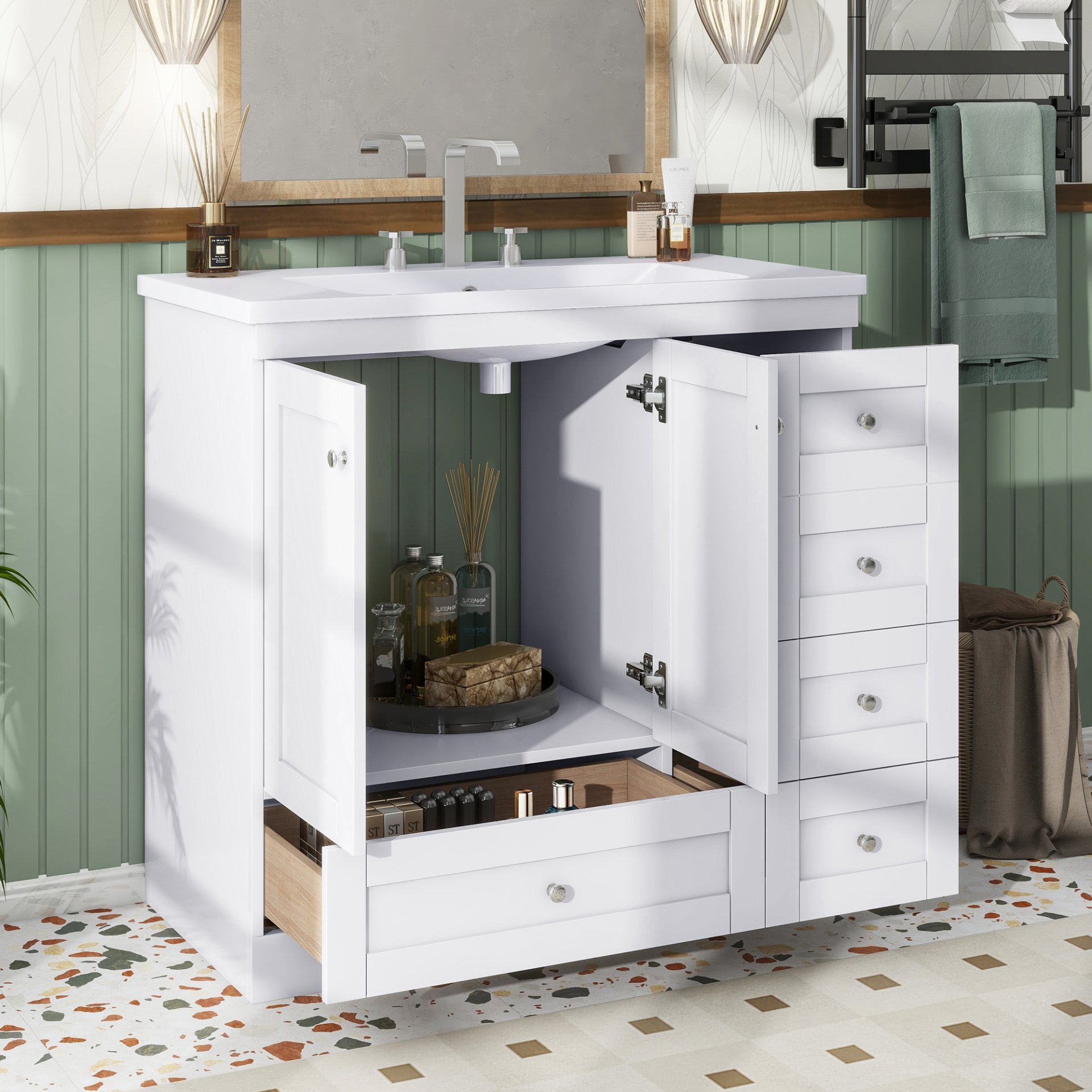 Shaker Style Free Standing Bathroom Vanity Cabinet With Sink, 4 Soft Close Drawers And 2 Soft Close Doors - White - Image 2