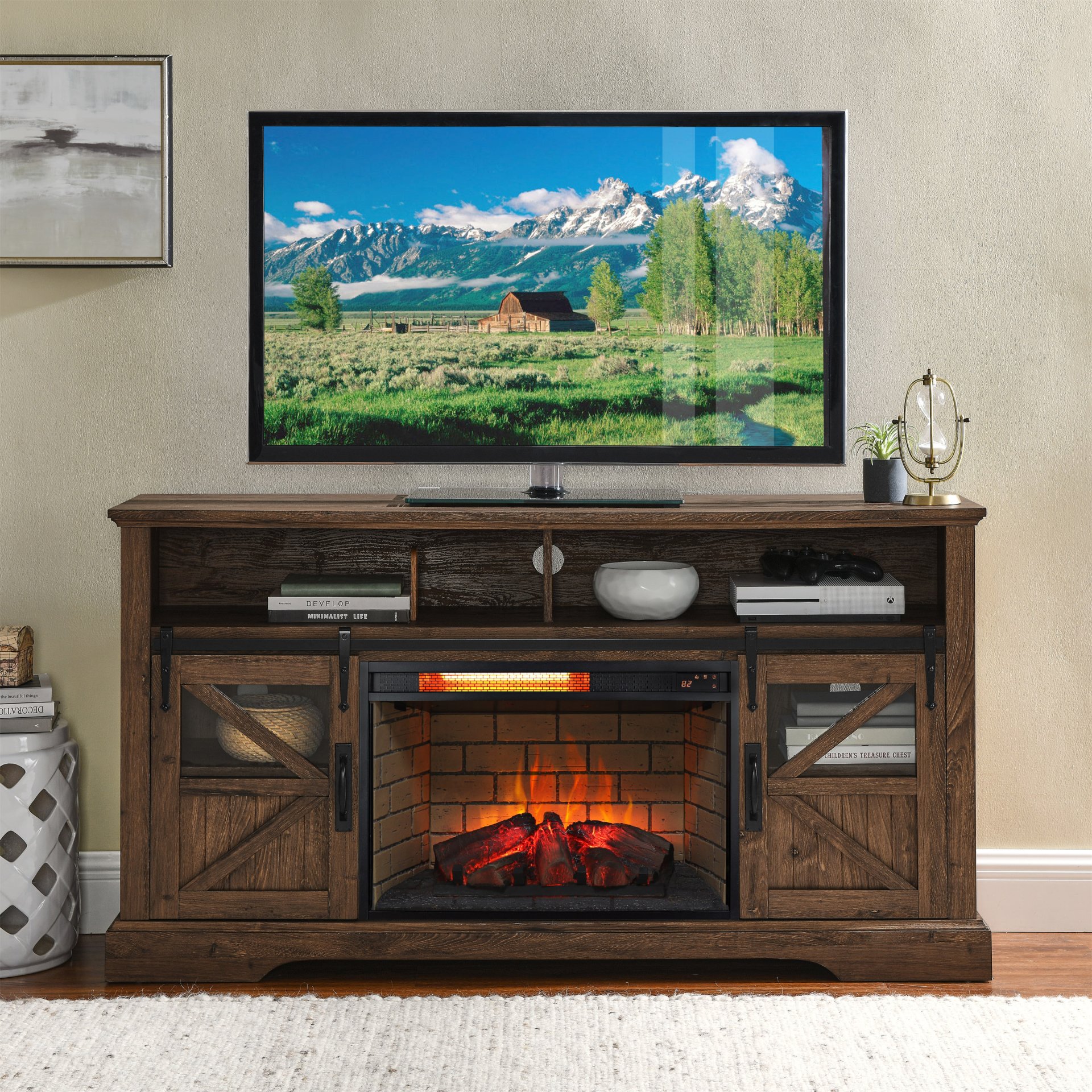 26" Infrared Quartz Heater Fireplace Insert -Woodlog Version With Brick - Antique Black - Image 2
