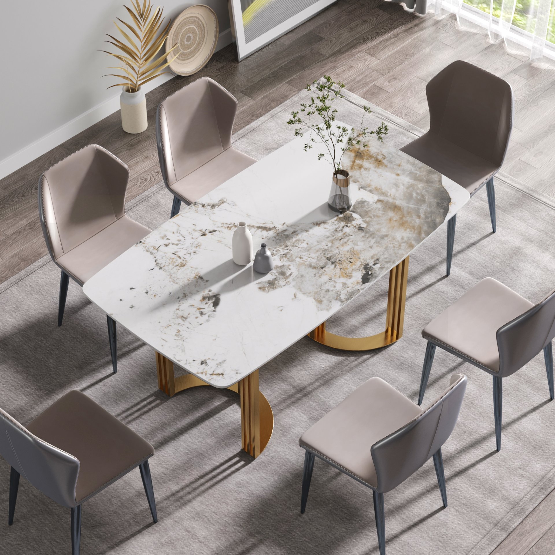 63" Modern Artificial Stone Pandora White Curved Metal Leg Dining Table, 6 People - Antique White - Image 4