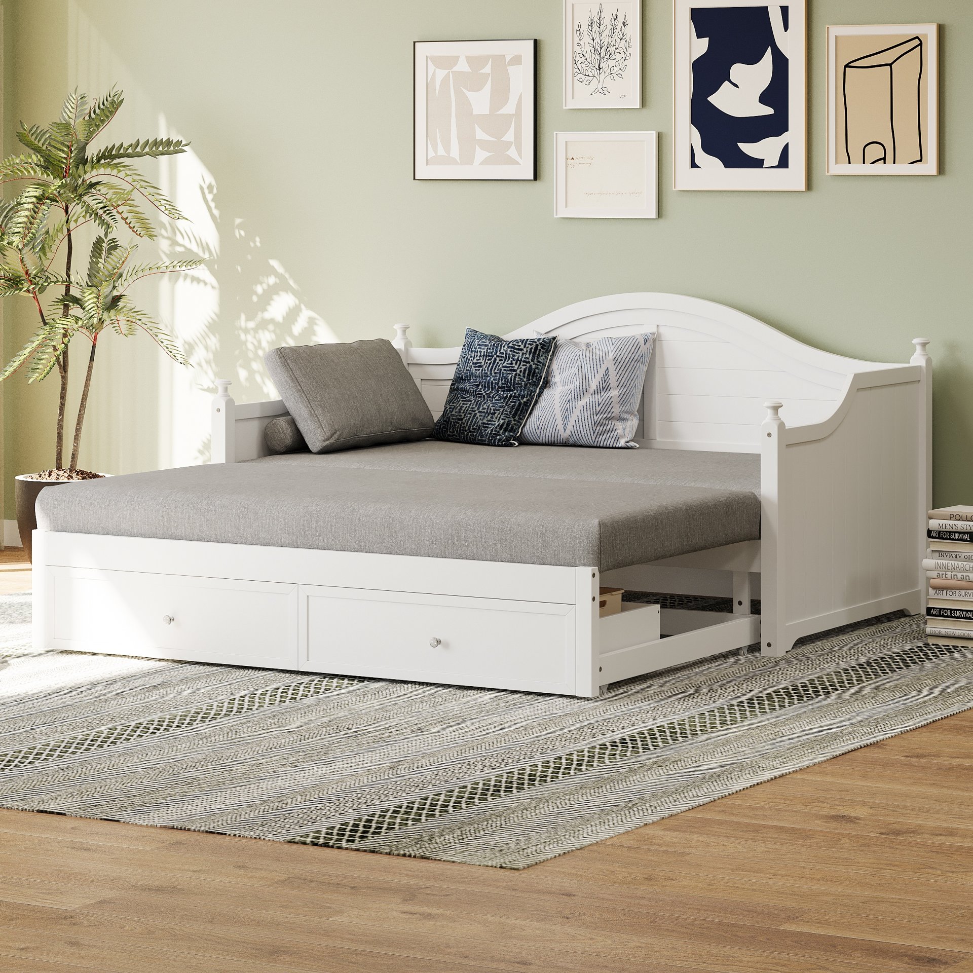 Twin Size Daybed With Extendable Trundle And Storage Drawers, Cottage Style - White - Image 7