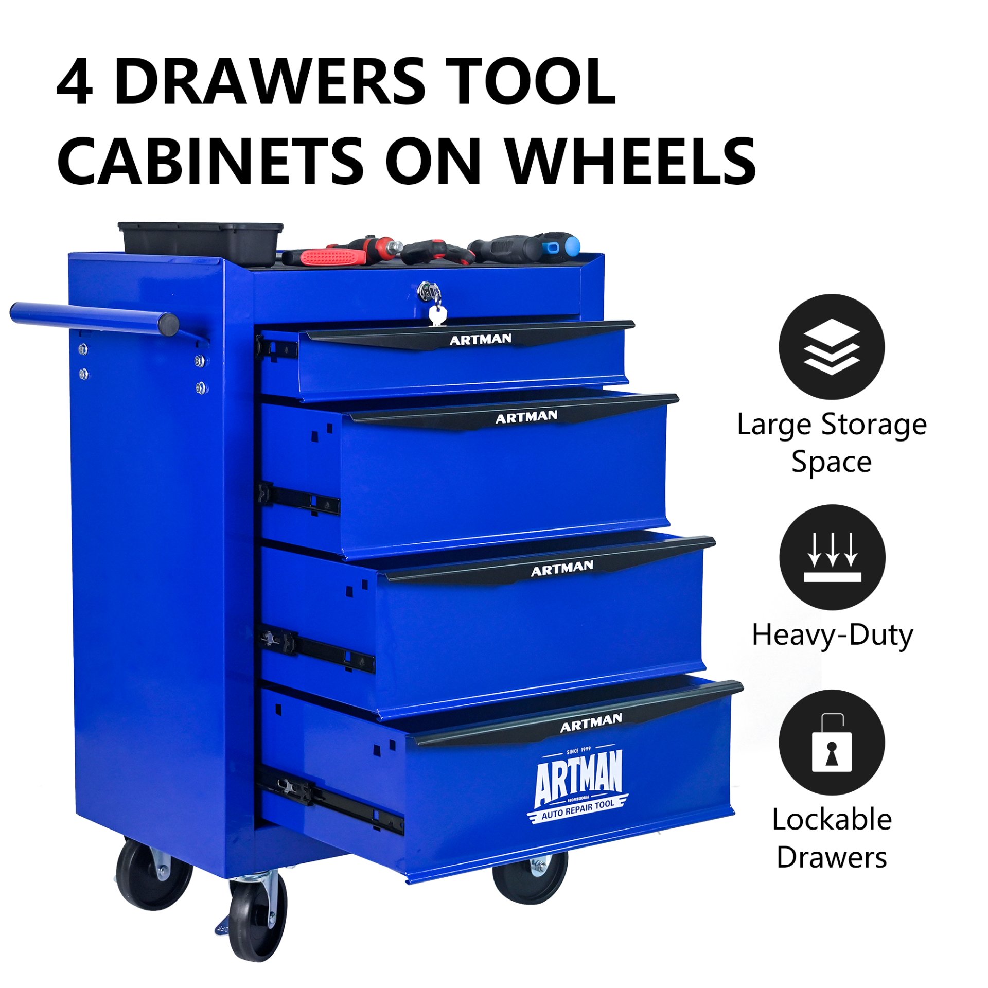 Rolling Metal Tool Chest With 4 Drawers, 20" Steel Storage Cabinet With Ball Bearing Slides - Black / Blue - Image 4