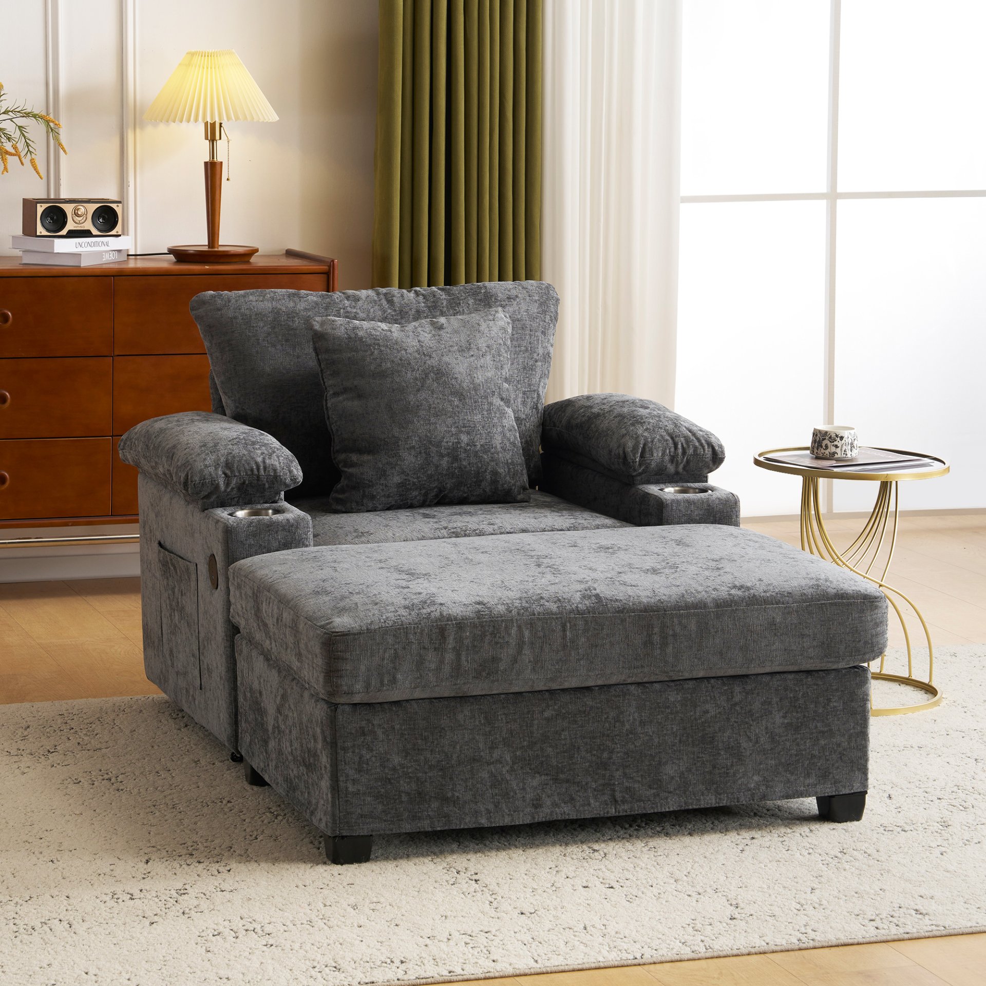 Modern Oversized Chair With Ottoman, Chenille Fabric Sofa Bed, Accent Chair Comfy Sofa With Cupholders And USB Charging Ports Chair For Living Room - Dark Gray - Image 2