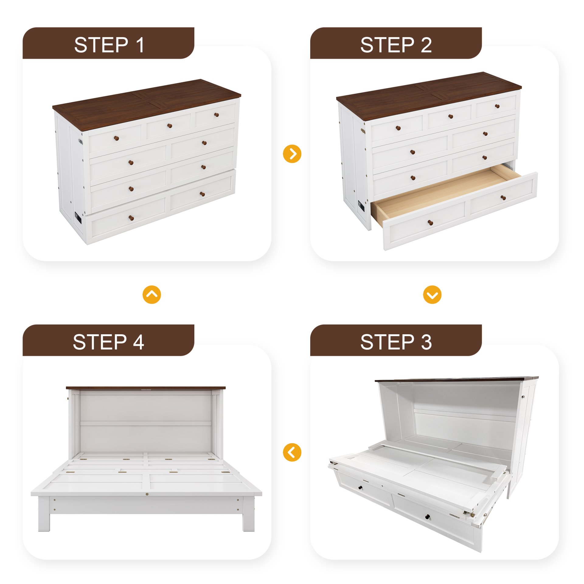 Full Solid Pine Murphy Bed Chest With Charging Station And Large Storage Drawer For Home Office Or Small Room - White / Walnut - Image 8