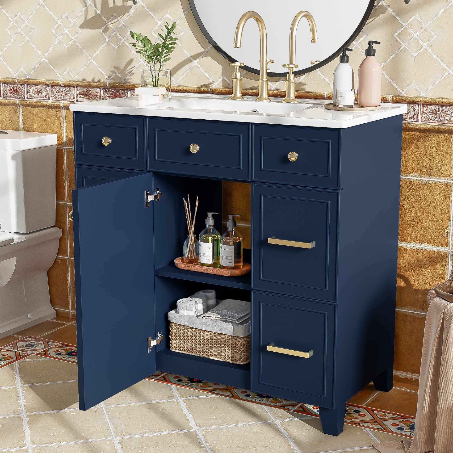 Bathroom Vanity With Sink, Soft Close Doors, Adjustable Shelves - Blue - Image 7