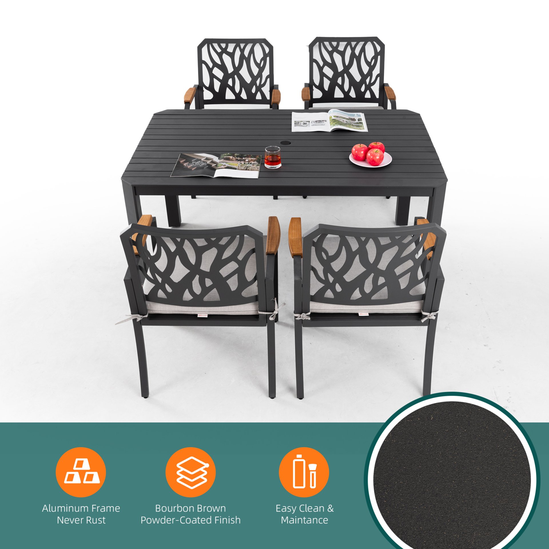 5 Pieces Outdoor Patio Aluminum Furniture Set, Rectangular Table With Umbrella Hole - Bourbon Brown - Image 5