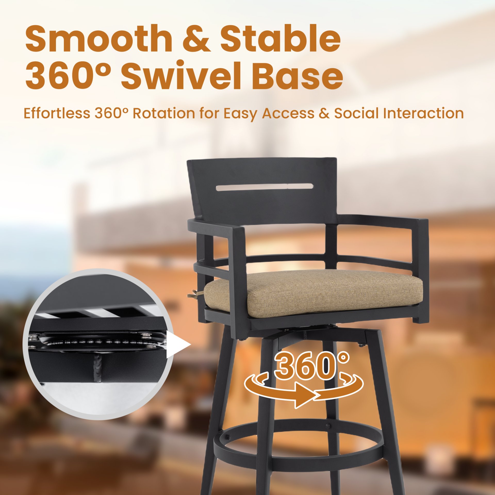 5 Pieces Outdoor Patio Bar Set, Rounded Square Table & 4 Swivel Bar Chairs - Ember Black / Linen Sesame - Image 8