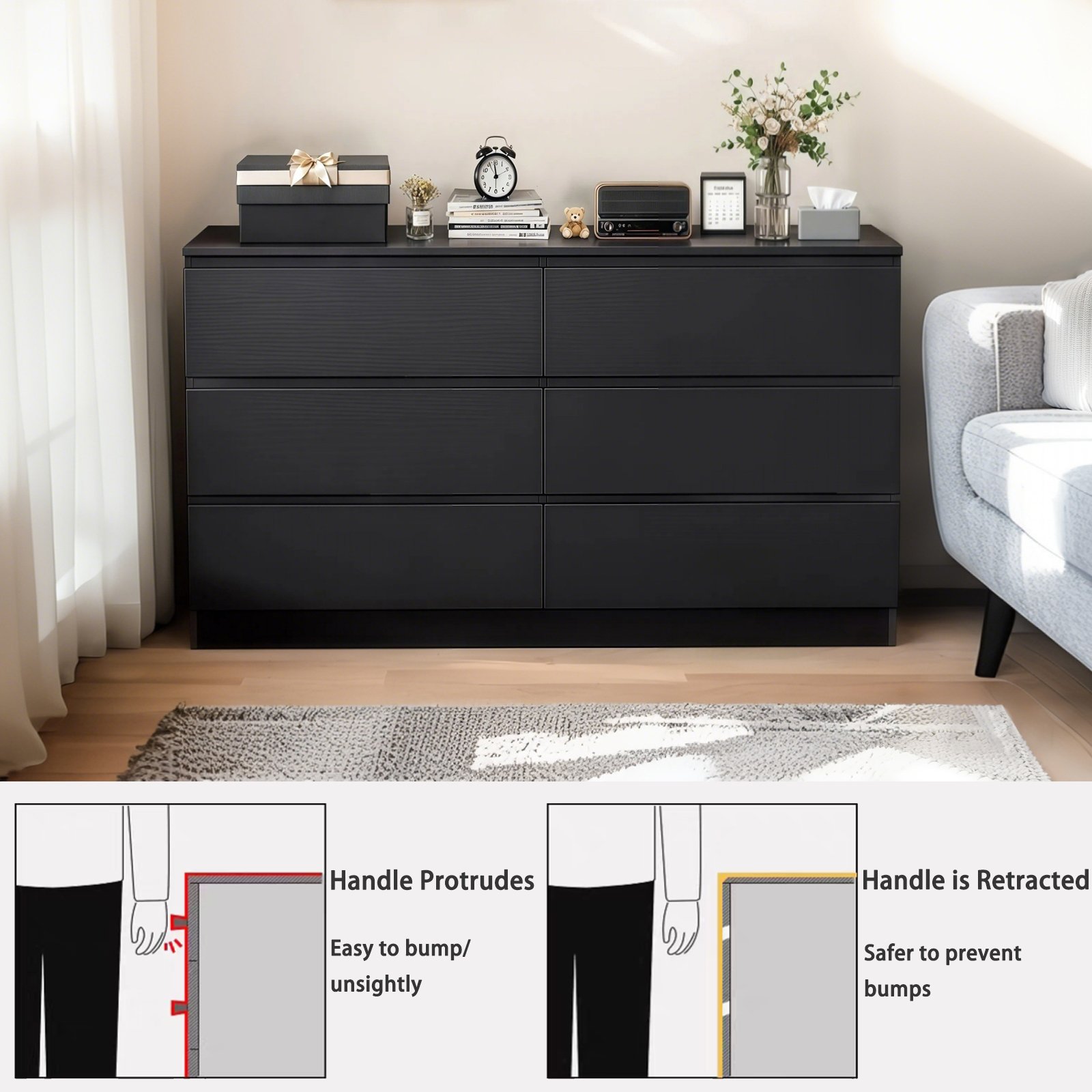 6 Drawer Dresser With Spacious Countertop And Concealed Handles, Storage Cabinet For Bedroom - Black - Image 7