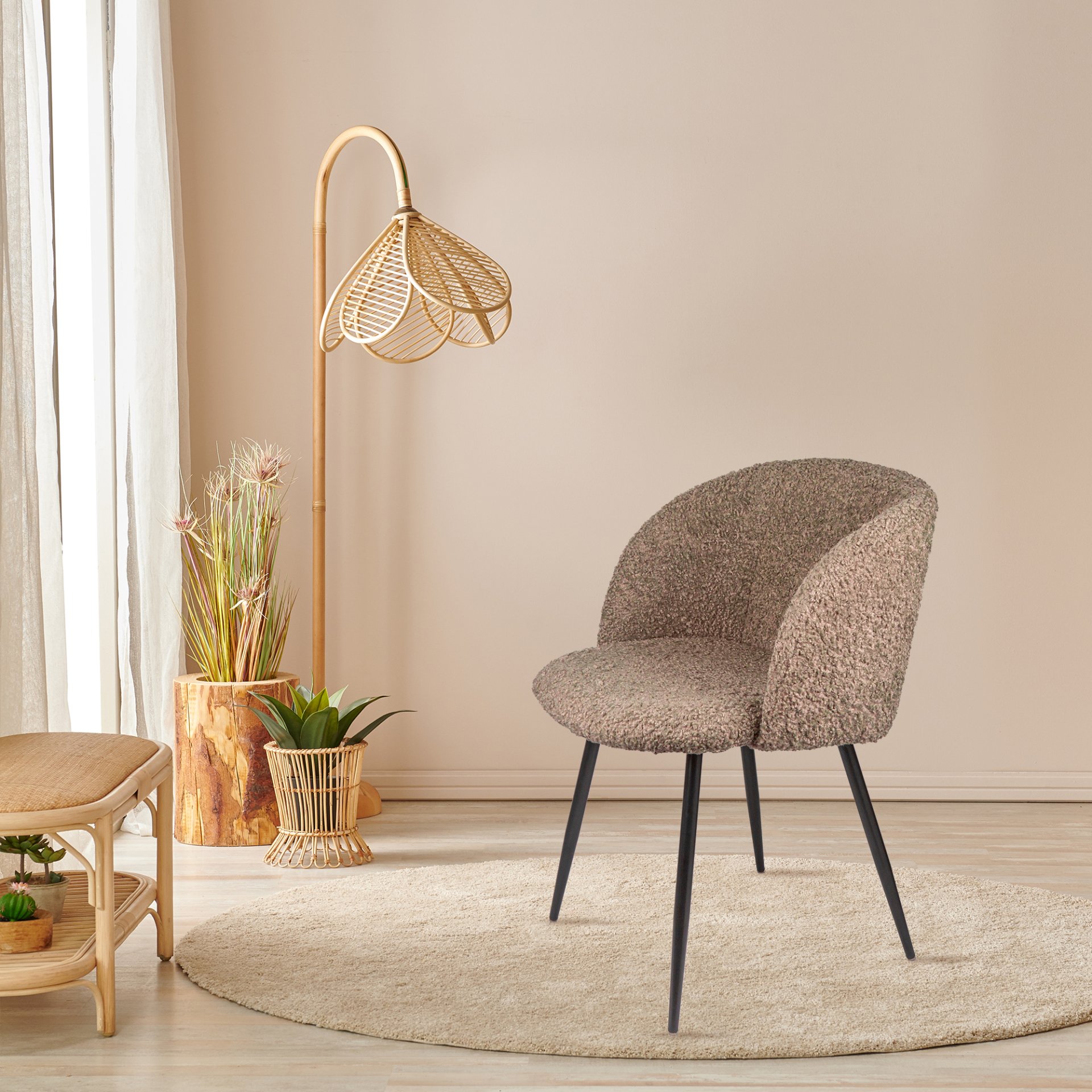 Adjust Legs Upholstered Teddy Faux Fur Dining Armrest Chair (Set of 2) - Light Brown - Image 8