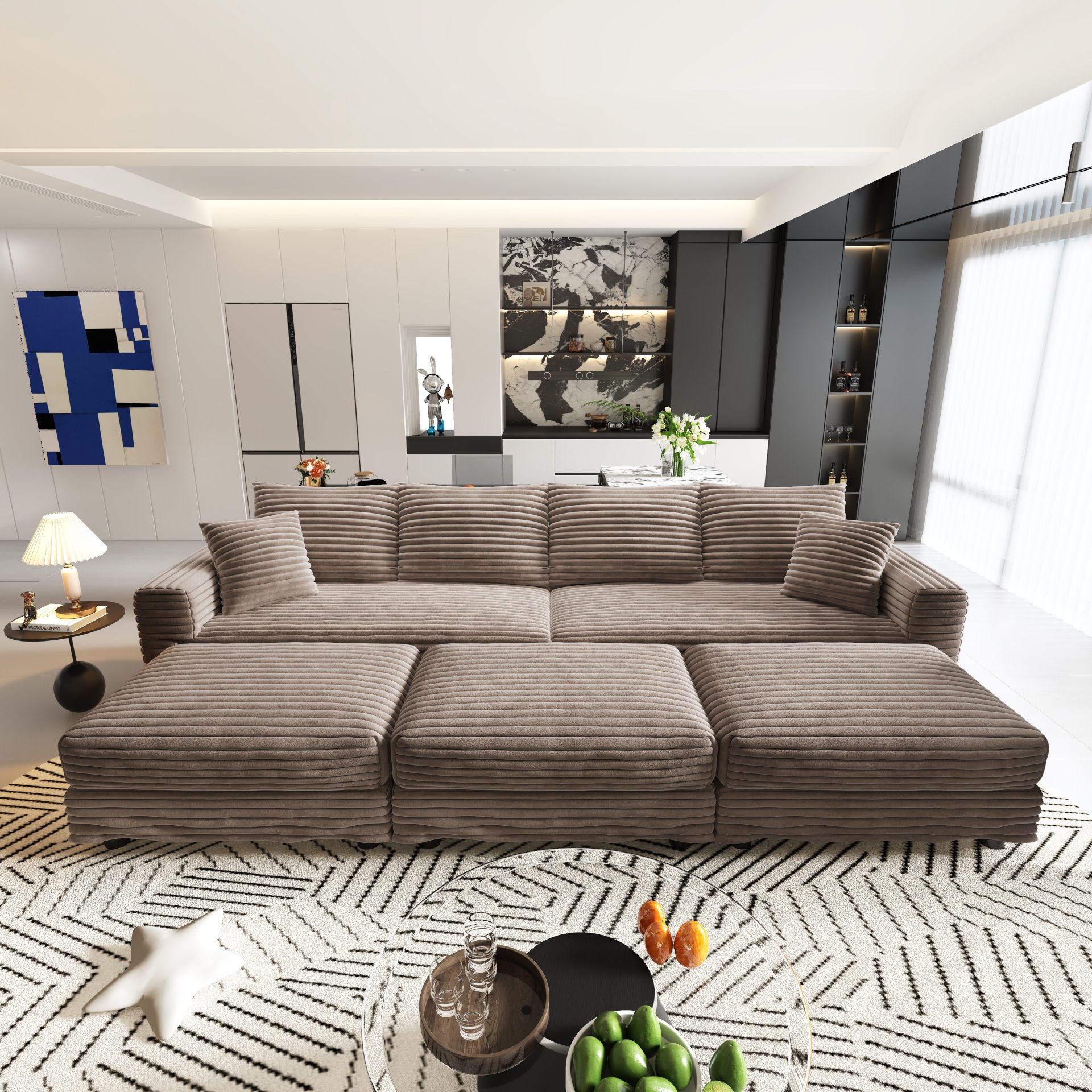 4 Seat Sofa, Deep Seat Couches With Soft Pillows And 3 Ottomans, Convertible Sofa Lounge Chair, For Living Room - Camel - Image 12