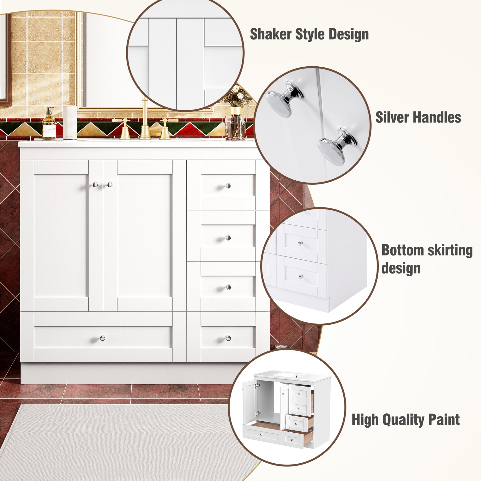 Shaker Free Standing Bathroom Vanity Cabinet With Sink, Soft Close Drawers And Doors - White - Image 7