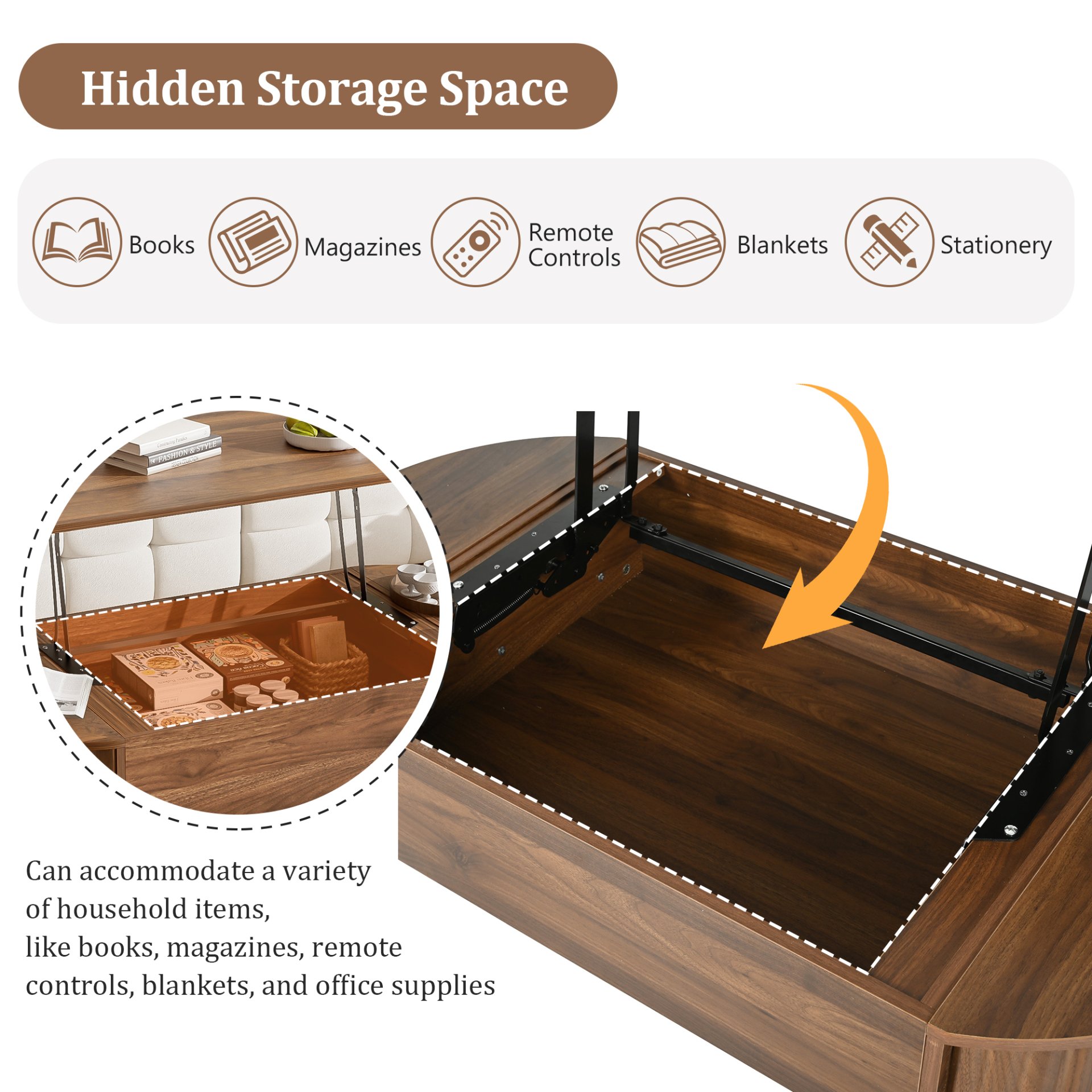 Lift Top Coffee Table With Hidden Compartment, Modern Oval Lift Tabletop For Home Living Room - Brown - Image 7