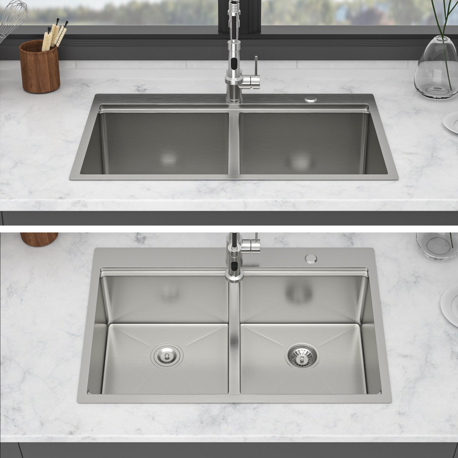 Topmount Drop In Kitchen Sink, Double Bowl 50 / 50 - Brushed Nickel - Image 5