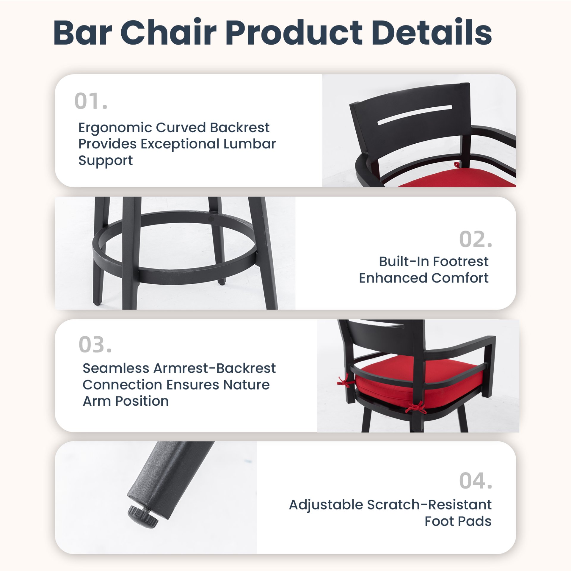 Outdoor Swivel Bar Chairs, 360 Degree Rotation With Ergonomic Backrest (Set of 2) - Ember Black / Jocky Red - Image 4