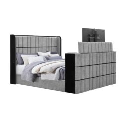 Isaiah - Queen 5 Piece Bedroom Set With 50" TV Lift LED, Speakers And Fireplace - Grey