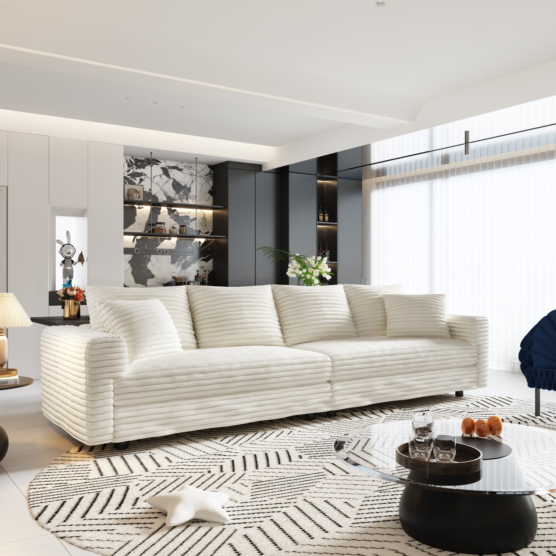 Plush Corduroy 4 Seat Sofa, Modern Comfy Upholstered Sofa Cloud Couch, Deep Seat Couches With Soft Pillows, Convertible Deep Seat Sofa Lounge Chair For Living Room Bedroom, Apartment, Office - Black / Gray - Image 2