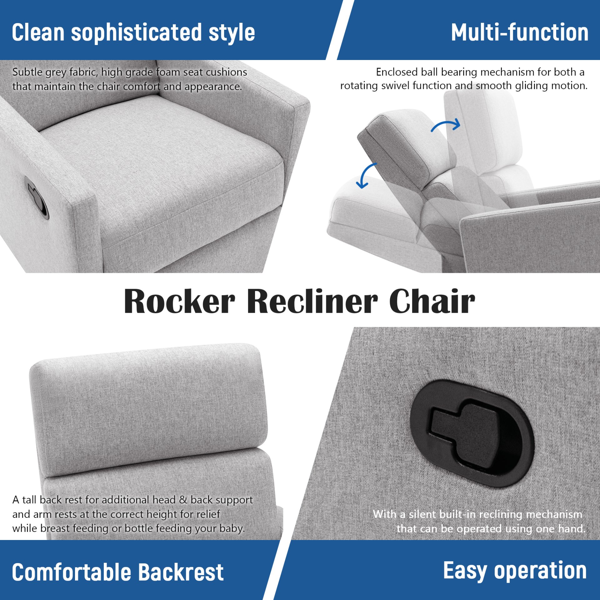 Modern Upholstered Rocker Nursery Chair Plush Seating Glider Swivel Recliner Chair - Gray - Image 5
