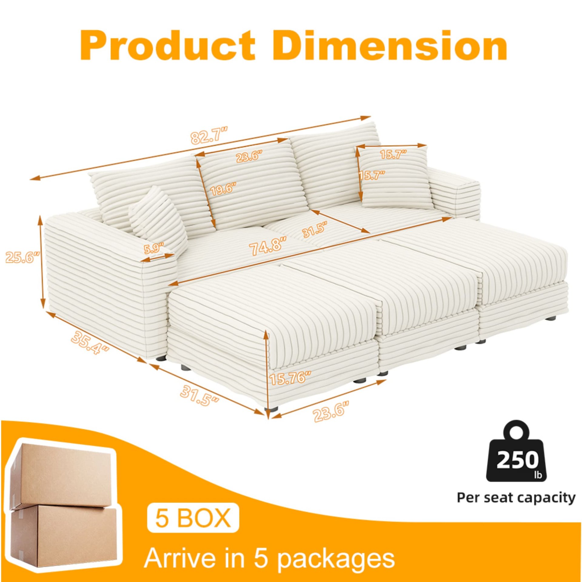 3 Seat Sofa, Deep Seat Couches With Soft Pillows And 3 Ottomans, Convertible Sofa Lounge Chair, For Living Room - Beige - Image 14