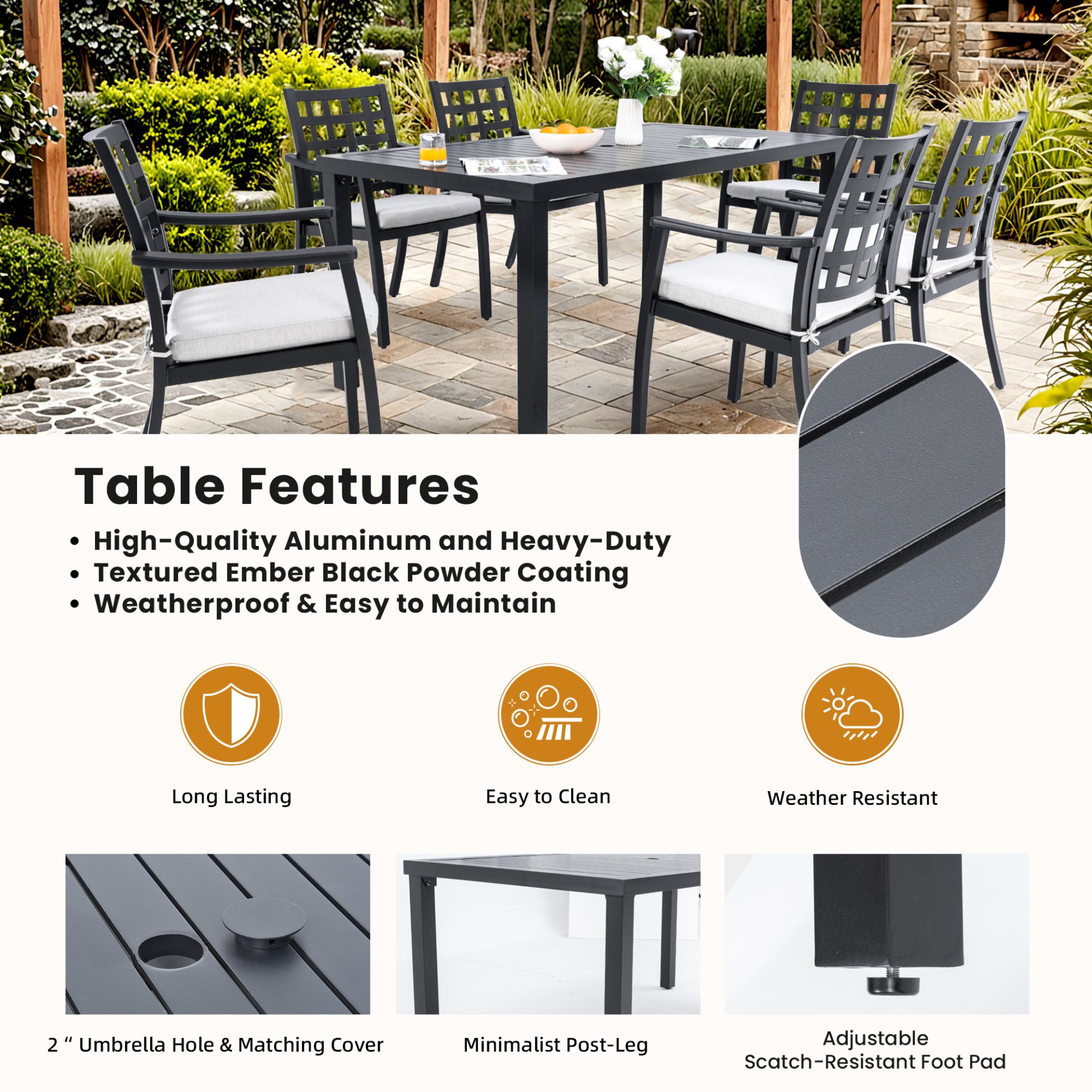 5 Pieces Outdoor Patio Dining Set, Rectangular Table And 4 Stationary Dining Chairs - Ember Black - Image 6