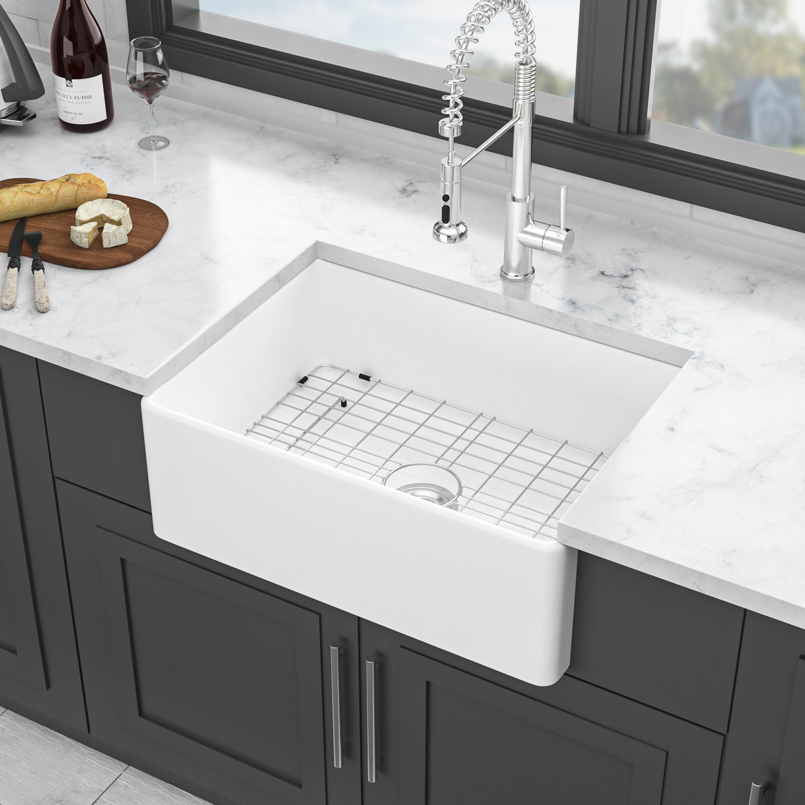 28" Farmhouse Sink Ceramic Single Bowl With Drain Assembly And Bottom Grid - White - Image 5