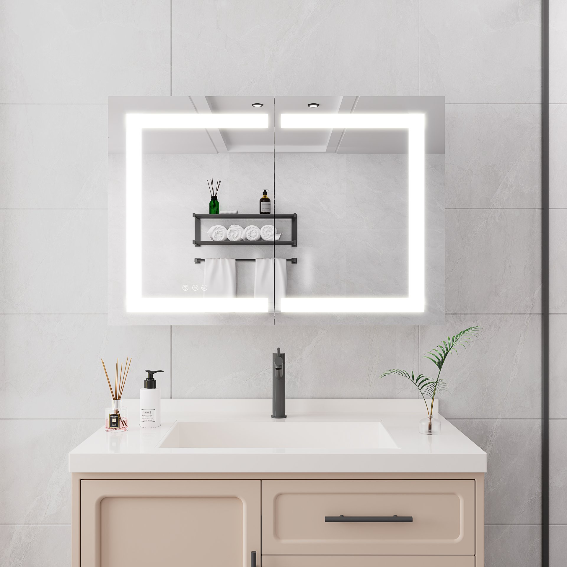 Bathroom Medicine Cabinet With Lights, LED Medicine Cabinet With Mirror, Wall Cabinet With Shelves, Double Door Lighted Medicine Cabinet With Defogger, Dimmable, Wall Mount - Silver - Image 2